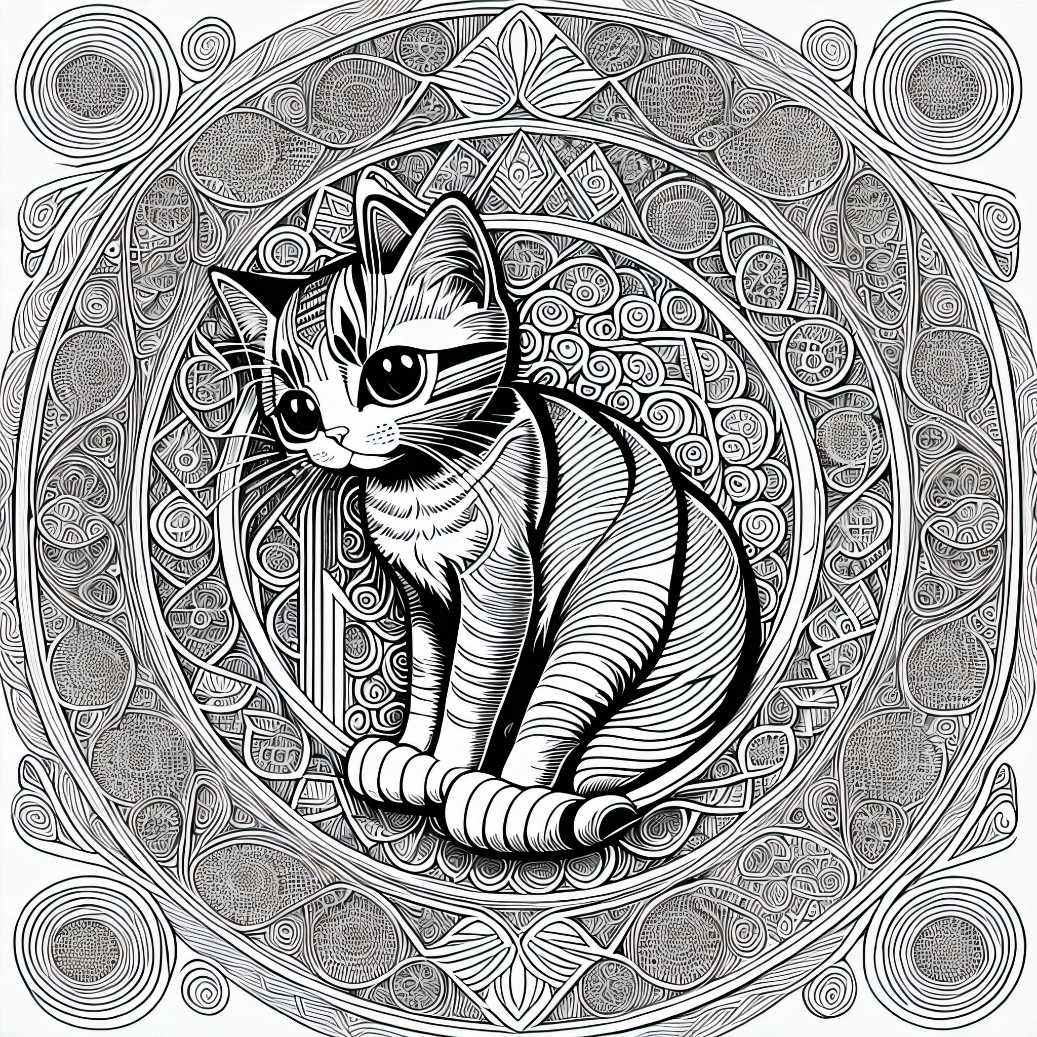 cat, kawaii style kitten, fantasy, magical, mystical, unusual, black and white, wavey lines, realistic line art drawing, coloring book page , no noise, crisp thick lines, outline art, centred image, isolated on a white background --auto --s2