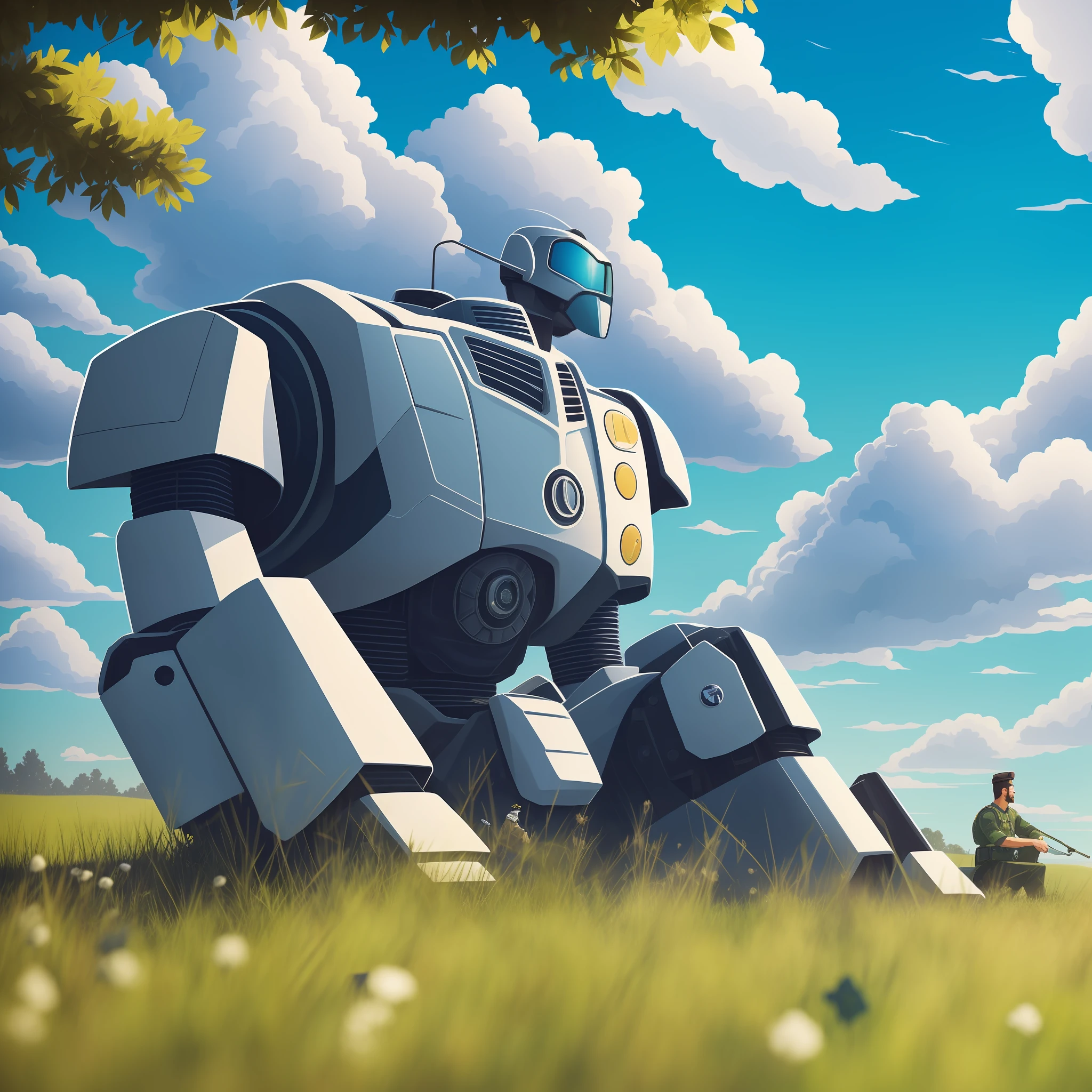 {Detailed description} {illustration} {realista} Paisagem. Campo com a grama verde, trees in the background, Blue sky with clouds that look like cotton. Montanhas ao fundo. Um soldado com uniforme, Sitting on the grass resting and drink his coffee next to his giant robot