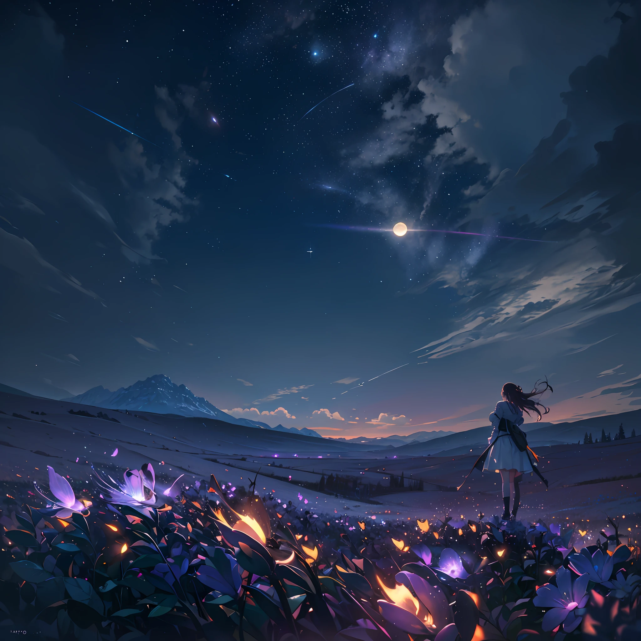 expansive landscape photograph , (a view from below that shows sky above and open field below), a girl standing on flower field looking up, (full moon:1.2), ( shooting stars:0.9), (nebula:1.3), distant mountain, tree BREAK
production art, (warm light source:1.2), (Firefly:1.2), lamp, lot of purple and orange, intricate details, volumetric lighting BREAK
(masterpiece:1.2), (best quality), 4k, ultra-detailed, (dynamic composition:1.4), highly detailed, colorful details,( iridescent colors:1.2), (glowing lighting, atmospheric lighting), dreamy, magical, (solo:1.2) --auto --s2