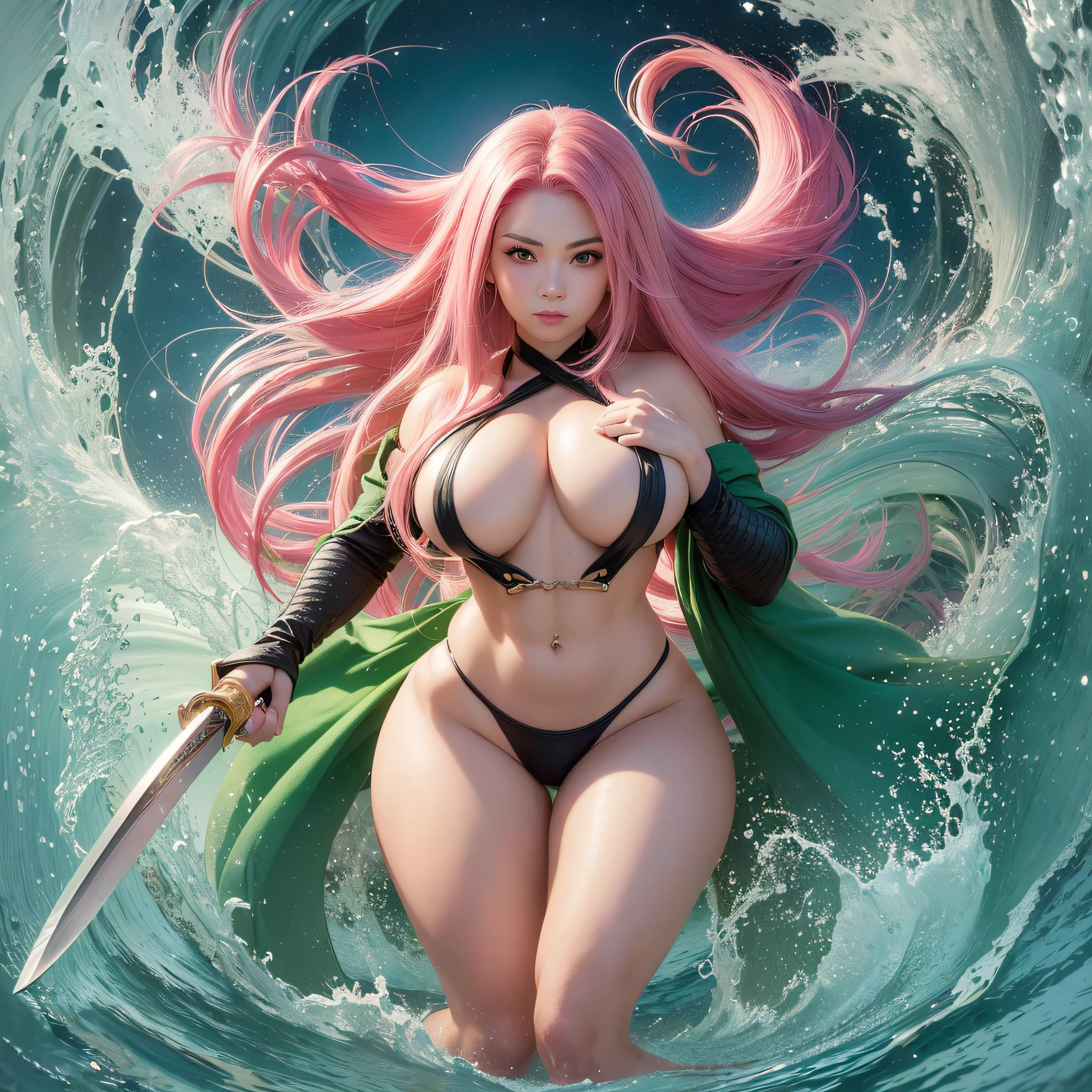 High quality image, full body, ((Woman with pink hair), locks at the tips of green colored hair), (Athletic body, large chest, thick and well-defined thighs, defined physique), (Holding a katana sword)