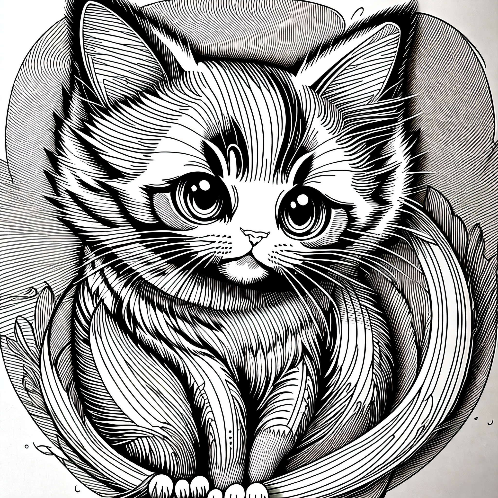 cat, kawaii style kitten, fantasy, magical, mystical, unusual, black and white, wavey lines, realistic line art drawing, coloring book page , no noise, crisp thick lines, outline art, centred image, isolated on a white background --auto --s2