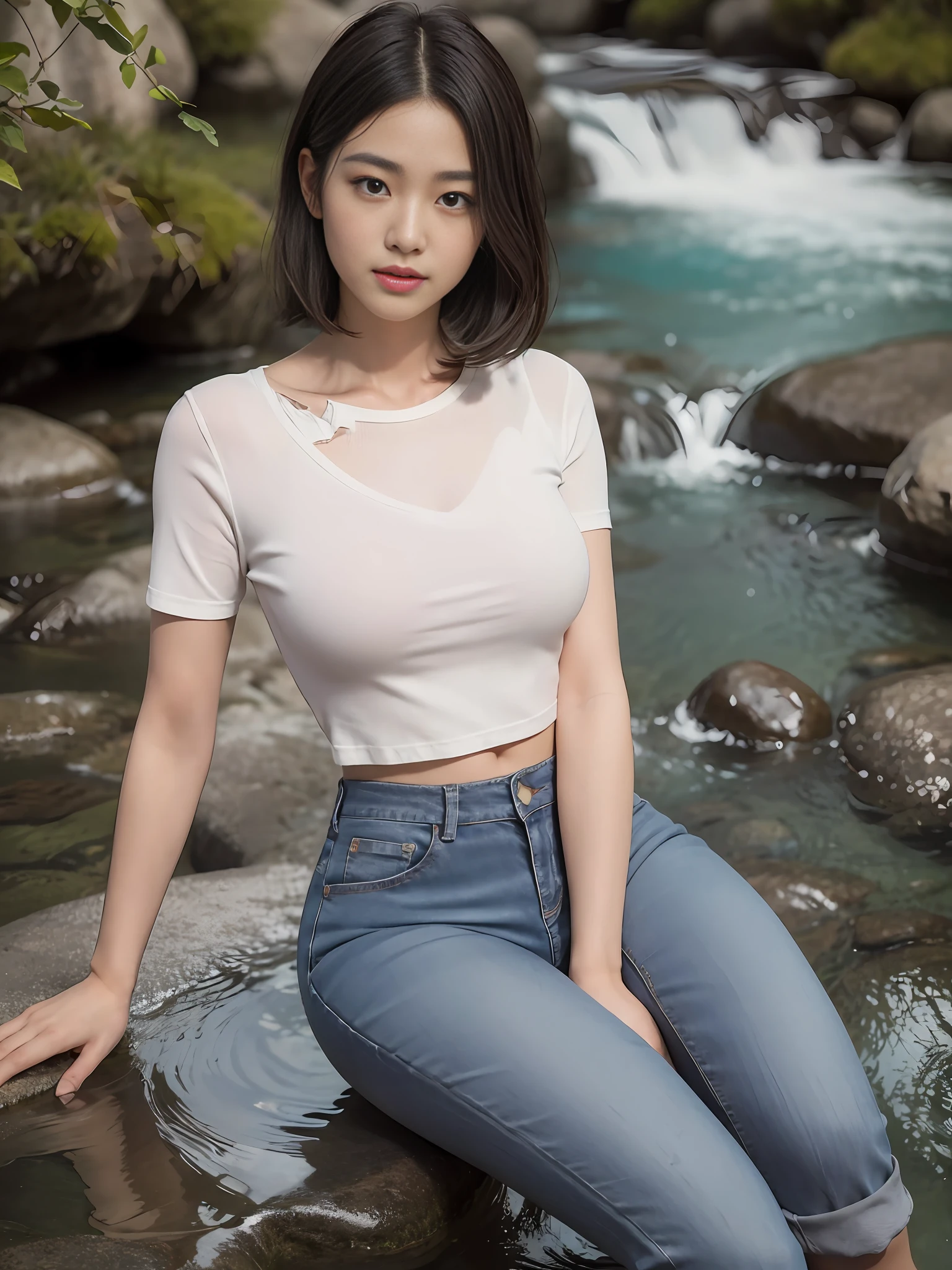 Beautiful Japanese girl by the stream at the foot of the mountain, realistic, photorealistic, 8k HD, masterpiece: 1.5, angle lens, center view, Arad Asian woman in crop top tight long jeans and gray tight knit T-shirt, background: 1.5 (foot of the mountain, by the stream, sitting in the stream), cute schoolgirl with a slim and perfect figure, ( Bo Bo head, stylish medium short straight hair: 1.2, brown-black, fluffy, layering: 1.2, realistic), Japanese 18 year old girl wearing long skinny jeans, Wearing ripped skinny long jeans (low rise crop top, micro-flared, trousers: 1.5), (ripped scares: 0.6), (branded jeans: 1.5, realistic detailed jeans textures and stripes: 1.5, realistic detailed jeans graininess: 1.5), wearing smoked gray skinny knit t-shirts, ((gray), skinny: 1.5, brand: 1.5)), surreal schoolgirl, dressed as schoolgirl, surreal schoolgirl, realistic schoolgirl, schoolgirl posing, full body: 1.5, beautiful skin, glowing skin, beautiful thighs, perfect thighs, perfect calves, white and tender toes, beautiful breasts: 1.5, beautiful breasts: 1.5, beautiful buttocks: 1.5, best quality, white skin, real skin, (detail face), goose egg face, pores, super high resolution, (8k, RAW photo, photorealistic:1.4), 1girl, slim, (smile, show teeth: 1.2, look at the audience with a serene goddess-like look happiness: 1.2), ( fashionable mid-point, fluffy short straight hair: 1.2, lip gloss, eyelashes, glossy face, best quality, super high resolution, wide lighting, natural shadows), fair pink toes: 1.5, stiletto strap sandals: 1.5, shoot full body (1.5) --auto --s2