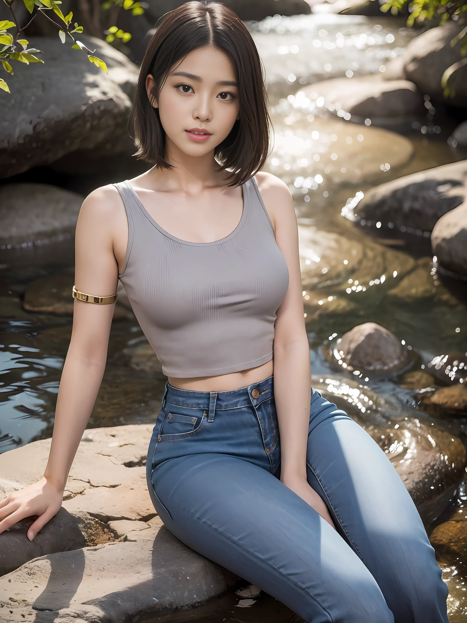 Beautiful Japanese girl by the stream at the foot of the mountain, realistic, photorealistic, 8k HD, masterpiece: 1.5, angle lens, center view, Arad Asian woman in crop top tight long jeans and gray tight knit T-shirt, background: 1.5 (foot of the mountain, by the stream, sitting in the stream), cute schoolgirl with a slim and perfect figure, ( Bo Bo head, stylish medium short straight hair: 1.2, brown-black, fluffy, layering: 1.2, realistic), Japanese 18 year old girl wearing long skinny jeans, Wearing ripped skinny long jeans (low rise crop top, micro-flared, trousers: 1.5), (ripped scares: 0.6), (branded jeans: 1.5, realistic detailed jeans textures and stripes: 1.5, realistic detailed jeans graininess: 1.5), wearing smoked gray skinny knit t-shirts, ((gray), skinny: 1.5, brand: 1.5)), surreal schoolgirl, dressed as schoolgirl, surreal schoolgirl, realistic schoolgirl, schoolgirl posing, full body: 1.5, beautiful skin, glowing skin, beautiful thighs, perfect thighs, perfect calves, white and tender toes, beautiful breasts: 1.5, beautiful breasts: 1.5, beautiful buttocks: 1.5, best quality, white skin, real skin, (detail face), goose egg face, pores, super high resolution, (8k, RAW photo, photorealistic:1.4), 1girl, slim, (smile, show teeth: 1.2, look at the audience with a serene goddess-like look happiness: 1.2), ( fashionable mid-point, fluffy short straight hair: 1.2, lip gloss, eyelashes, glossy face, best quality, super high resolution, wide lighting, natural shadows), fair pink toes: 1.5, stiletto strap sandals: 1.5, shoot full body (1.5) --auto --s2