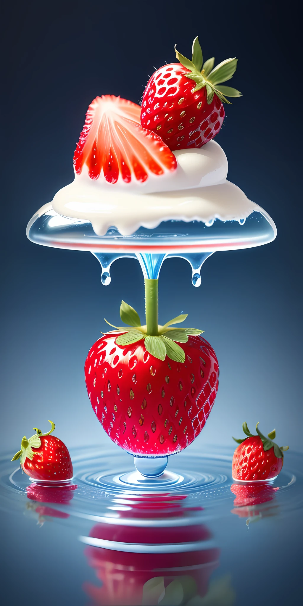 Only a pretty strawberry, dripping water droplets, fruit photography, commercial photography, ultra realistic, realistic style, high detail, ultra hd, 4K, blue background