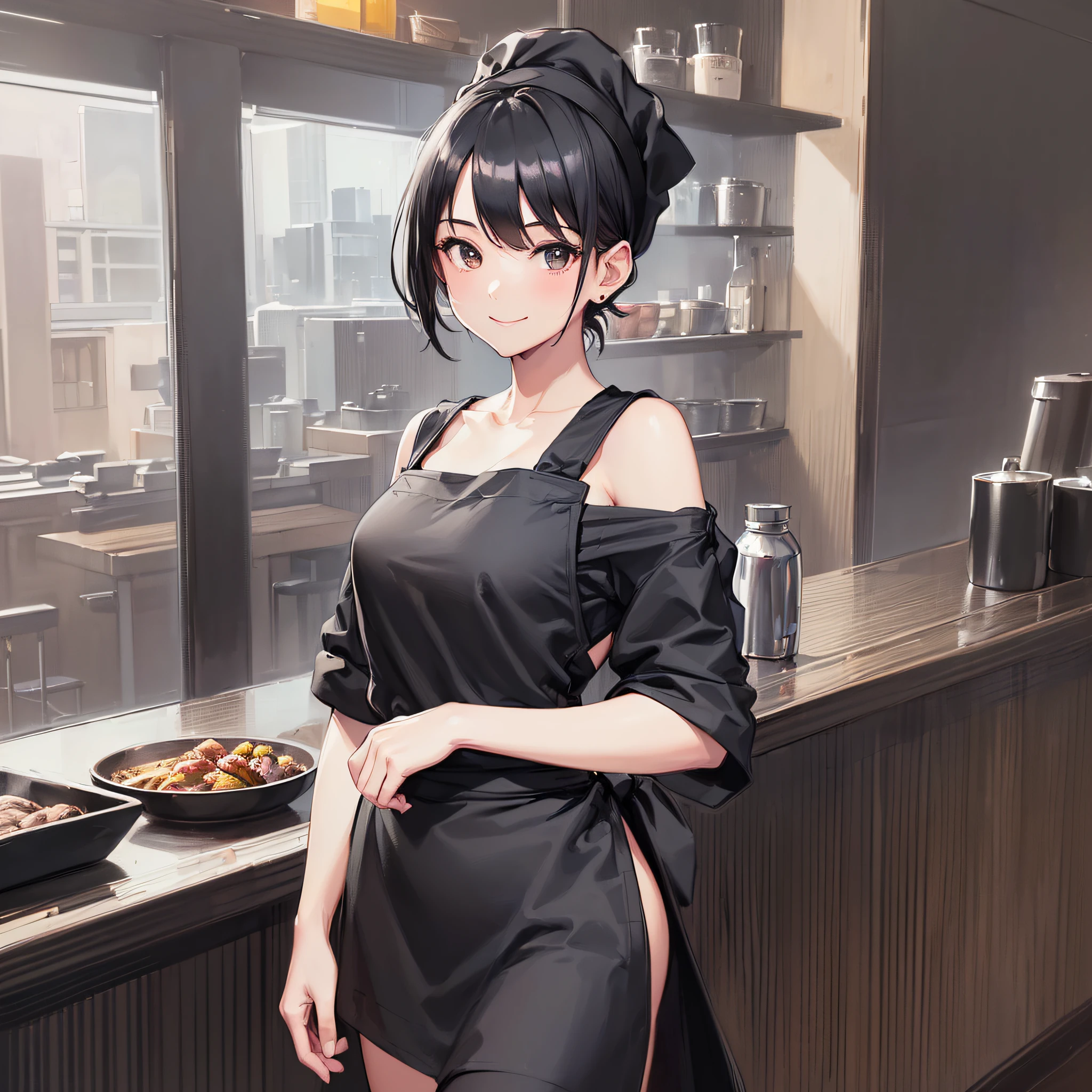 masterpiece, high quality, 1 girl, smile, standing, ((very wide shot)), ((a simple black T-shirt on the upper body)), ((wearing a short black sarong apron)), black hair, short hair, ((black bandana on the head)), ((wearing long black slacks)) , at the restaurant