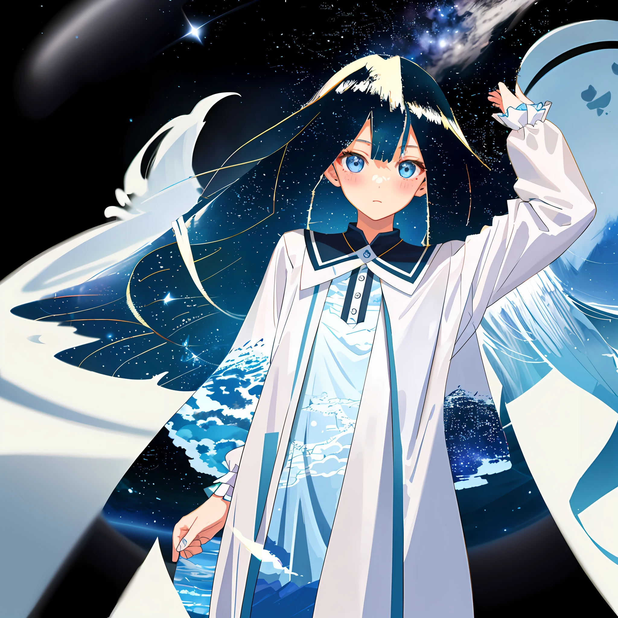 Masterpiece, 1 girl, hair gradient with the feeling of starry sky, the main body is self-color, there is dull hair, blushing, blue eyes,