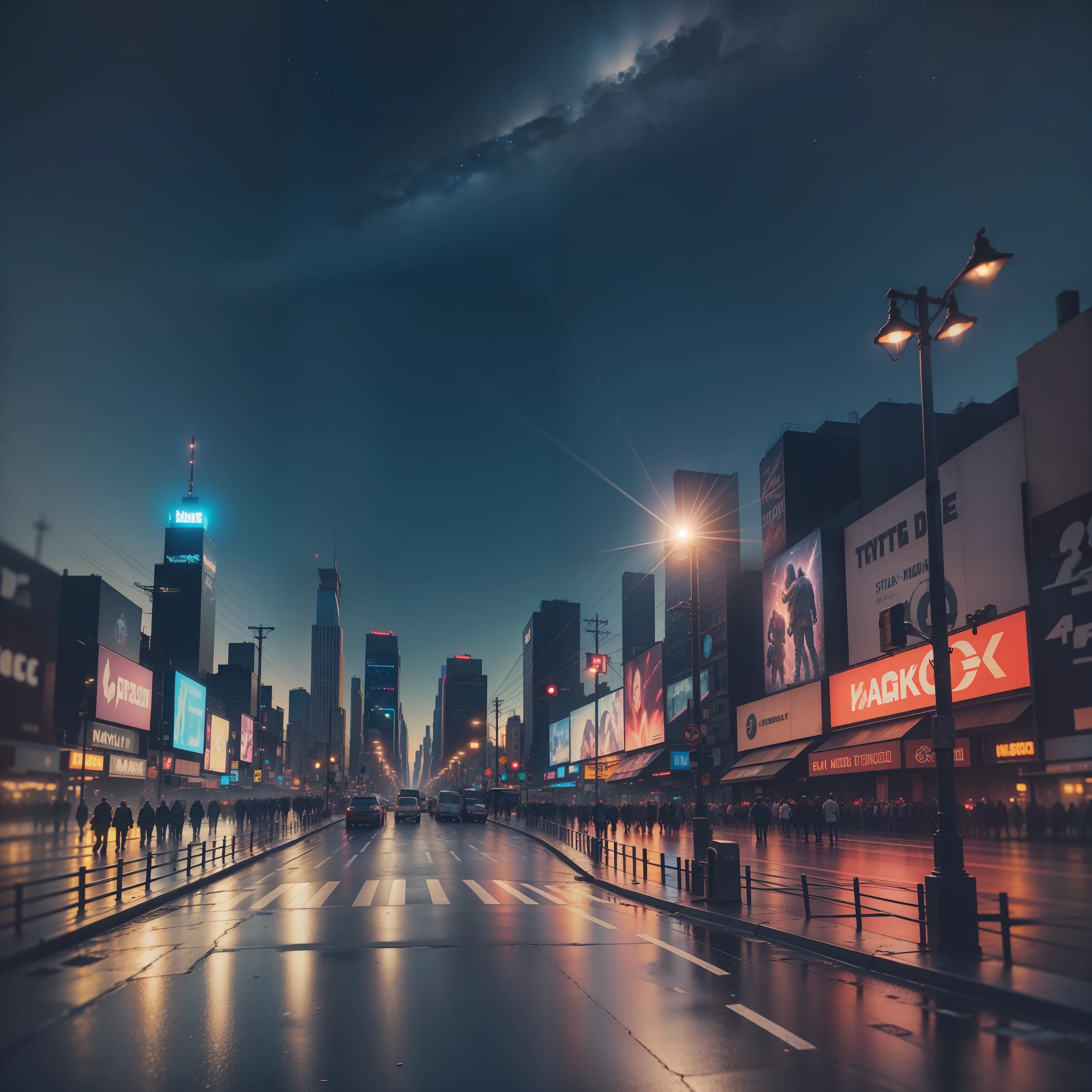 full color RAW uhd photo of nightmare scenario, zombie walking, nighttime city lights background, times square, hyper realistic, detailed specular lighting, dslr, ultra quality, sharp focus, tack sharp, dof, film grain, (centered), crystal clear, center of frame, sharp focus, street lamp, neon lights, bokeh, (dimly lit), low key, at night, (night sky) analog style