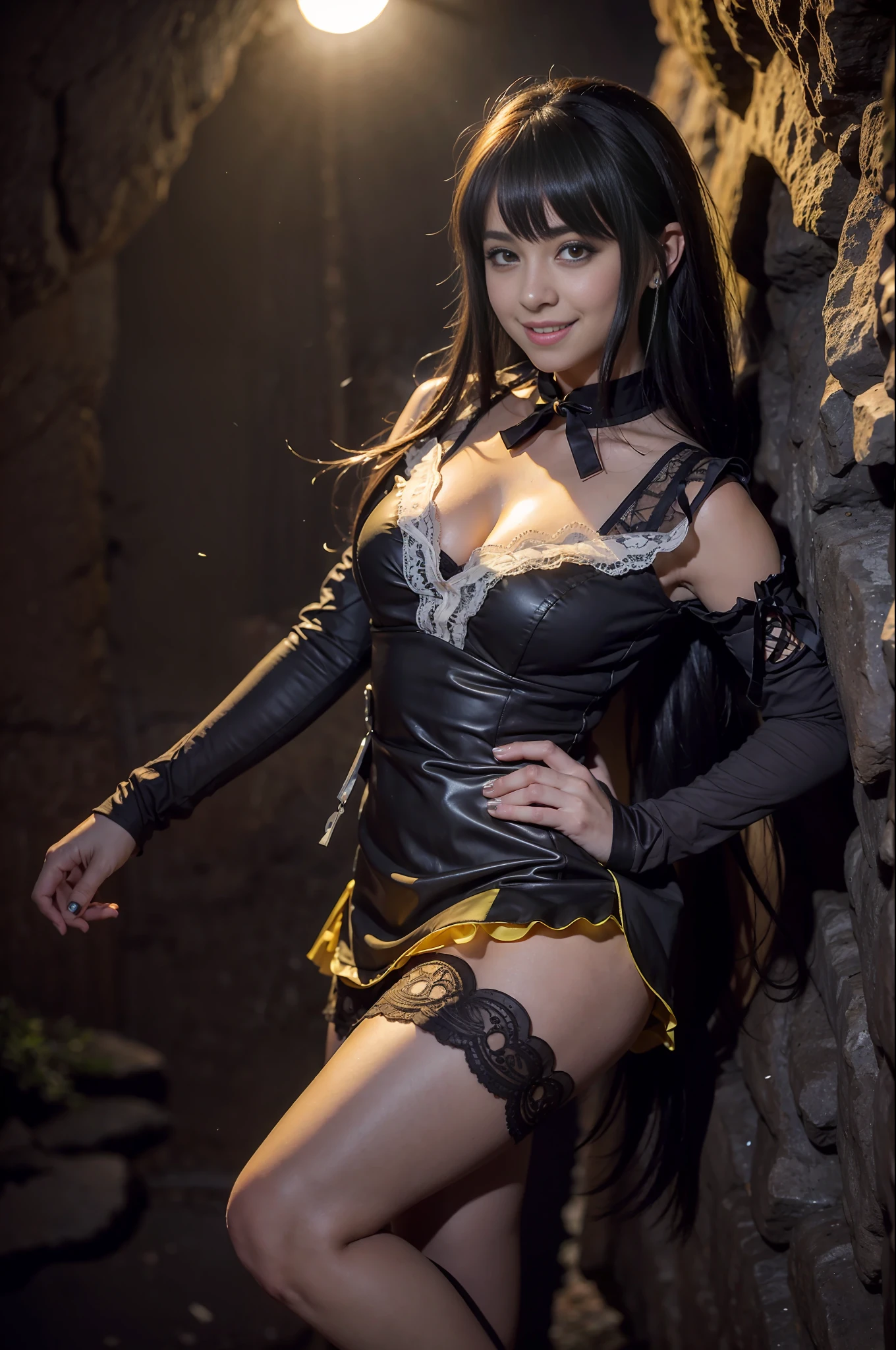 Short dress, lace stockings ta sensual yellow and day, in a cave in an environment of ((night photography)) Lauren Jauregui, smiling and happy in a