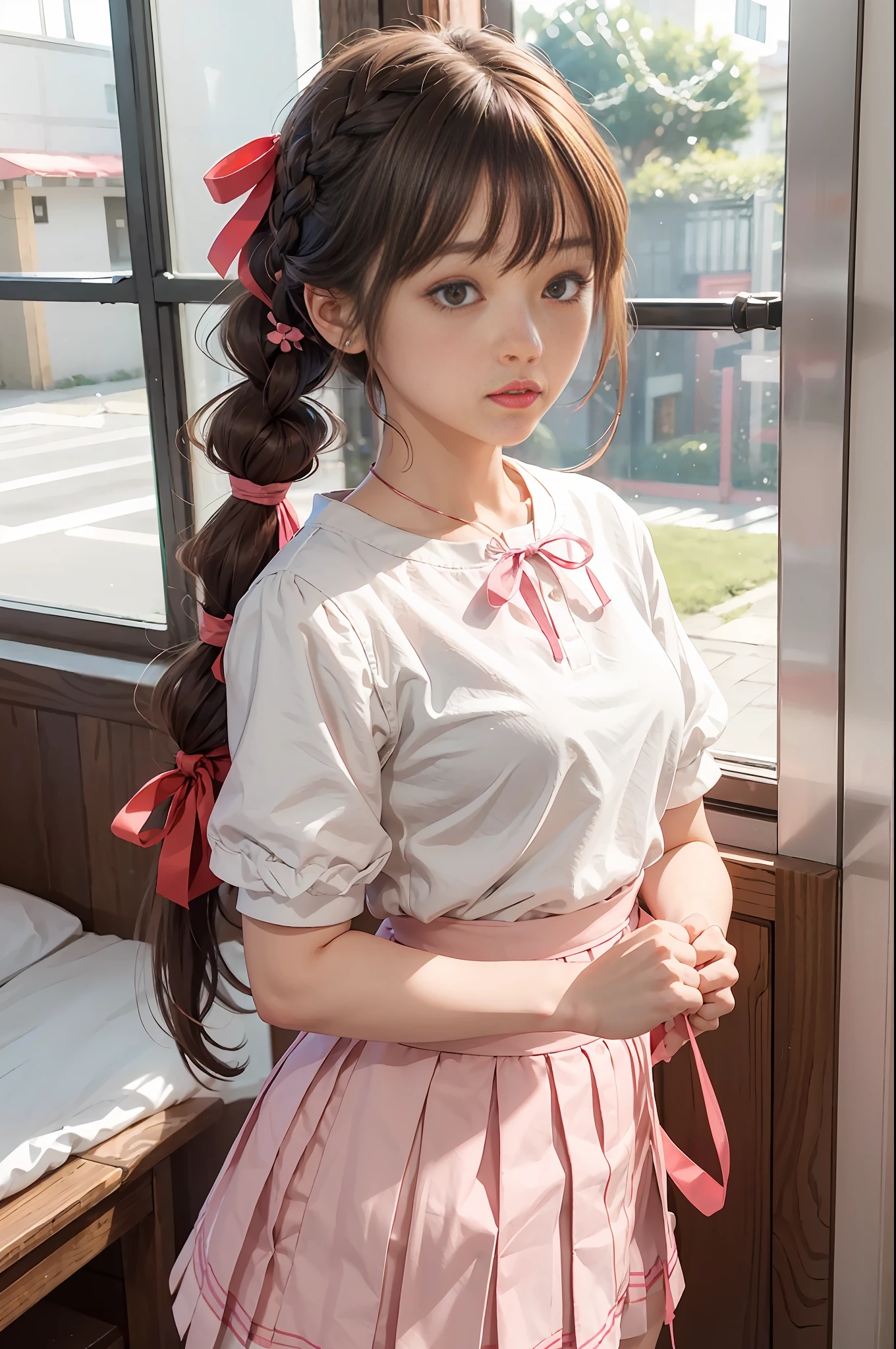 A girl, 16 years old, Mizuhara chizuru (Rental A girlfriend), bangs, long hair, braid, brown hair, brown eyes, bright white skirt, red ribbon, bright pink shirt, pleated skirt,neck ribbon,puffy short sleeves