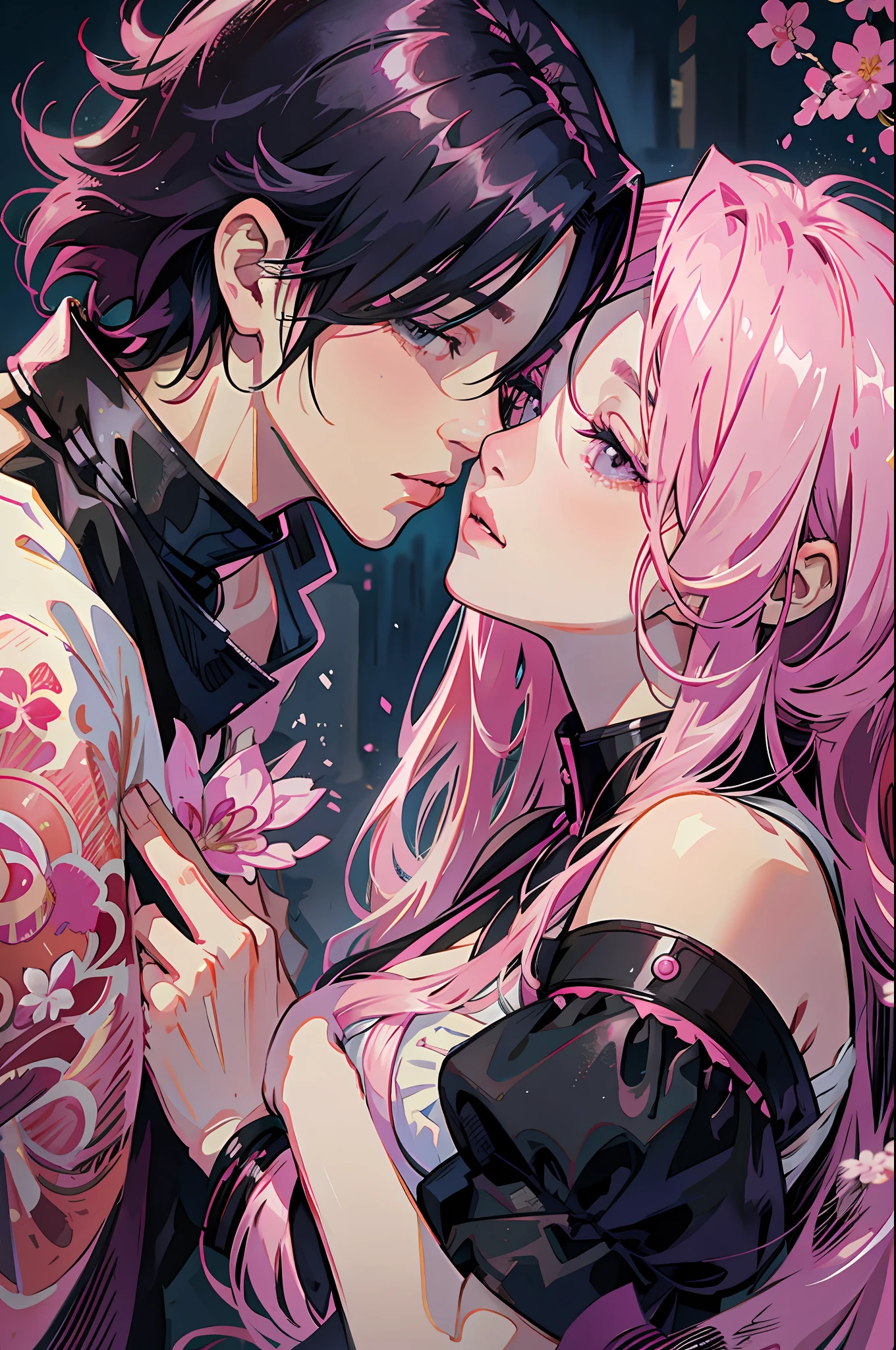 Pink haired woman lying in the arms of a black haired man, royalty, nobility, princess, elegant, kiss, high quality, couple, kiss, ((sasuke and sakura)). man and woman, staring at each other