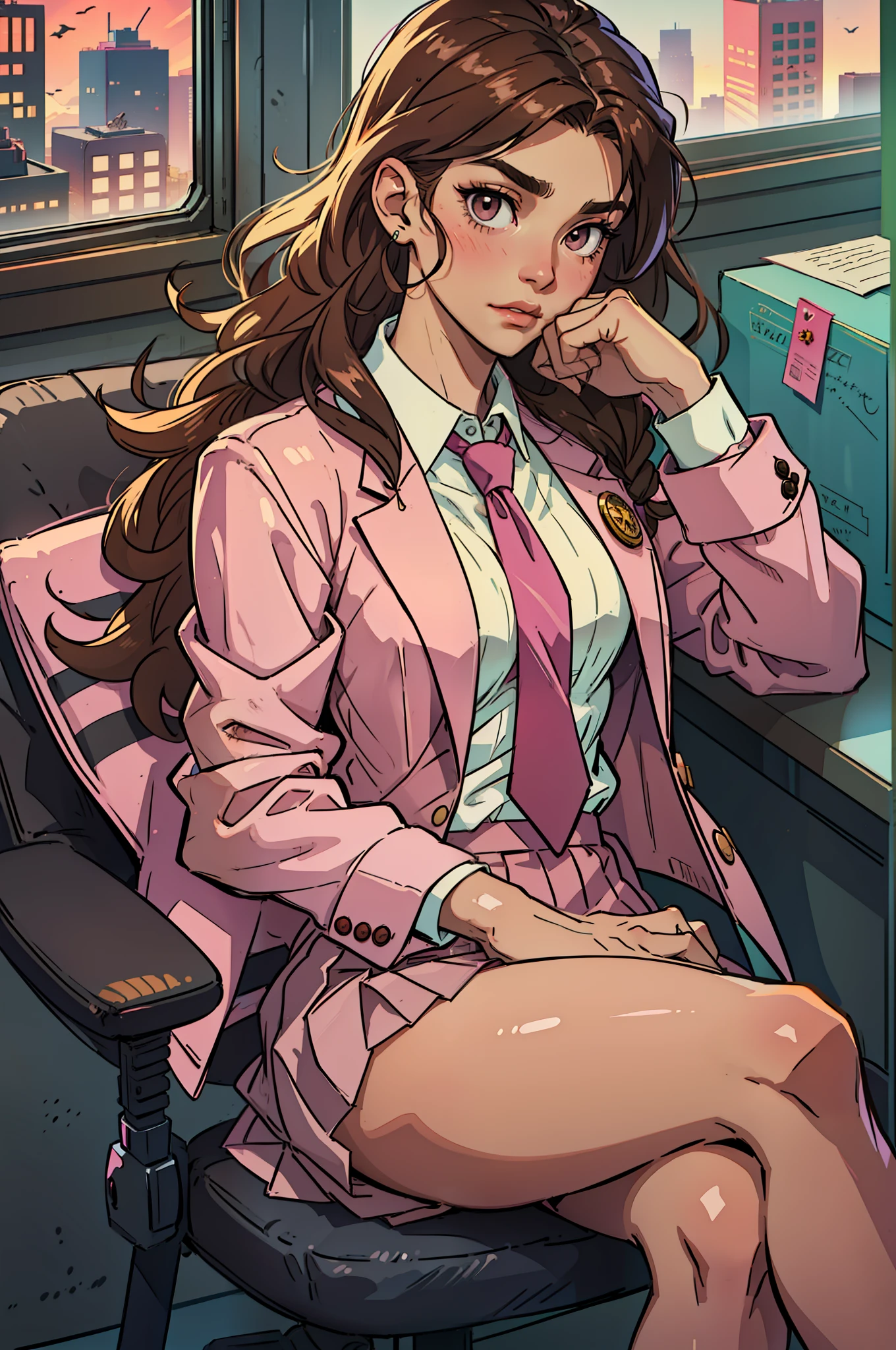 1girl, full body, long hair, wavy hair, brown hair, hazel eyes, happy, raised eyebrow, medium breasts, skirt suit, pink suit, white shirt, collared shirt, suit jacket, pink suit jacket, striped necktie, pink necktie, long sleeve, pencil skirt, pink skirt, black shoes, high heels, sitting, crossed legs, holding pencil, office, office chair, desk