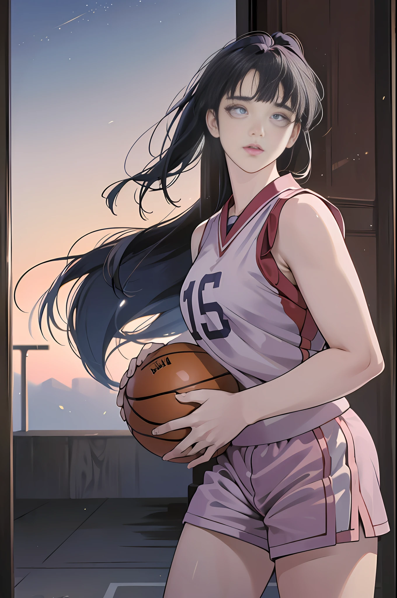 (8k, best quality, masterpiece:1.2), (realistic, photo-realistic:1.37), ultra-detailed,best quality, ultra high res, professional lighting, photon mapping, radiosity, physically-based rendering, cinematic lighting, ((basketball court)),depth of field, sharp focus,sunbeam, good composition,(bokeh:1.2) 1girl,solo,(full body), (closed mouth),beautiful detailed eyes, pose, narrow waist,(((basketball uniform))),messy hair,long hair floating in wind,(ulzzang-6500:1.2)
mix4, hiqcgbody, ((blunt bangs)), dark blue hair, purple eyes, ((ponytail))