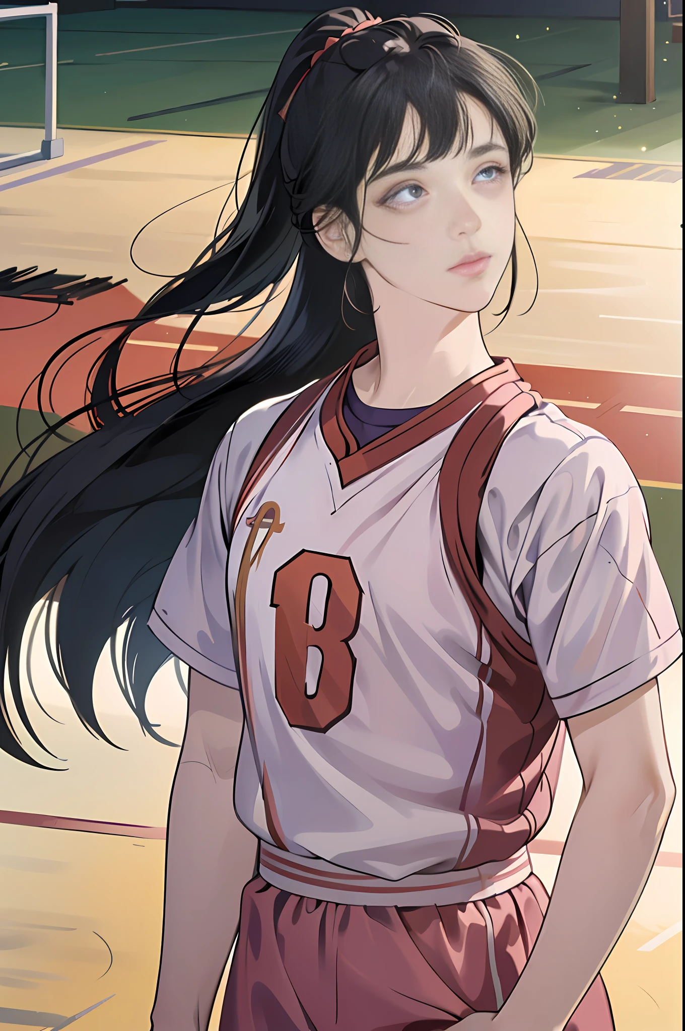 (8k, best quality, masterpiece:1.2), (realistic, photo-realistic:1.37), ultra-detailed,best quality, ultra high res, professional lighting, photon mapping, radiosity, physically-based rendering, cinematic lighting, ((basketball court)),depth of field, sharp focus,sunbeam, good composition,(bokeh:1.2) 1girl,solo,(full body), (closed mouth),beautiful detailed eyes, pose, narrow waist,(((basketball uniform))),messy hair,long hair floating in wind,(ulzzang-6500:1.2)
 mix4, hiqcgbody,  ((blunt bangs)), dark blue hair, purple eyes, ((ponytail))