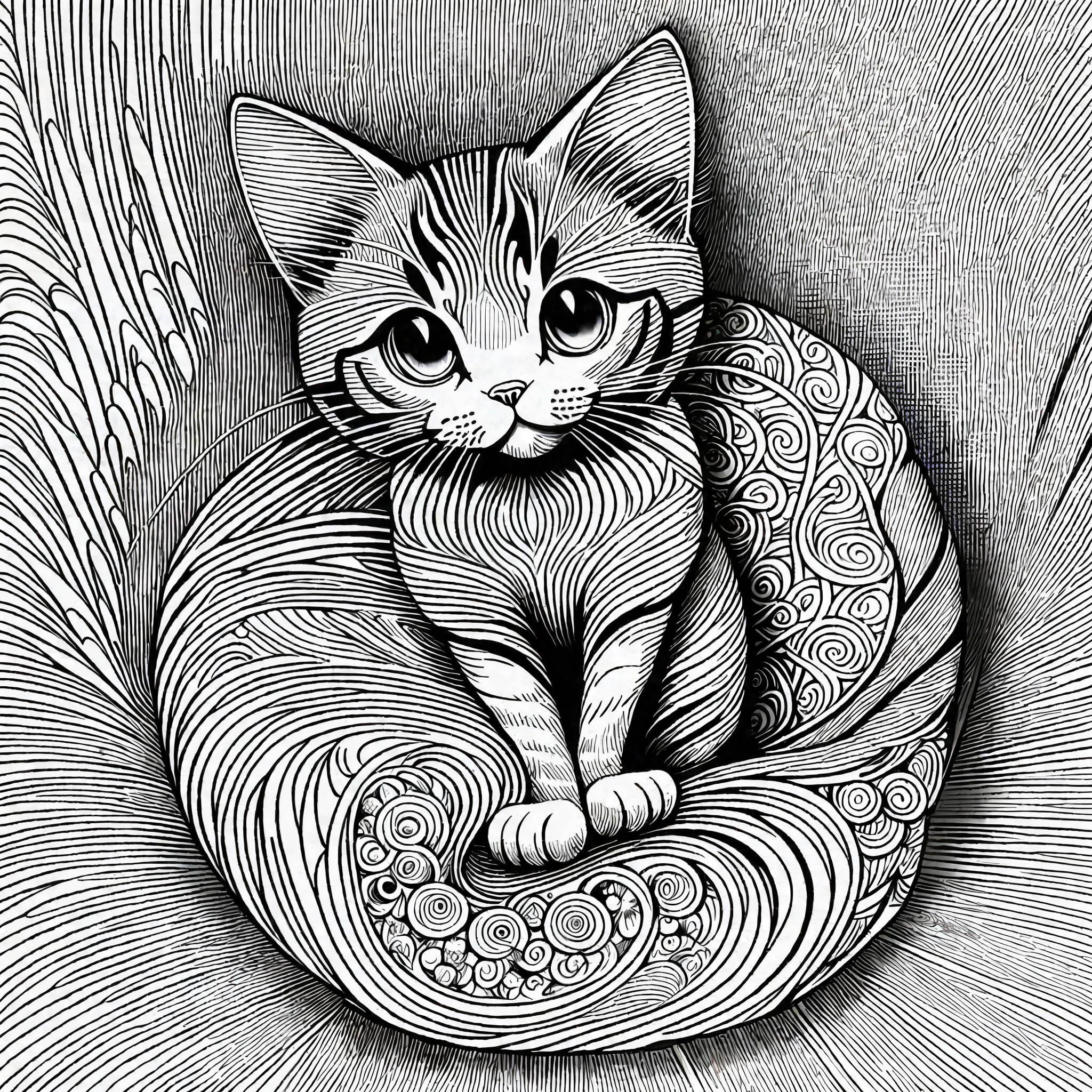 cat, kawaii style kitten, fantasy, magical, mystical, unusual, black and white, wavey lines, realistic line art drawing, coloring book page , no noise, crisp thick lines, outline art, centred image, isolated on a white background --auto --s2