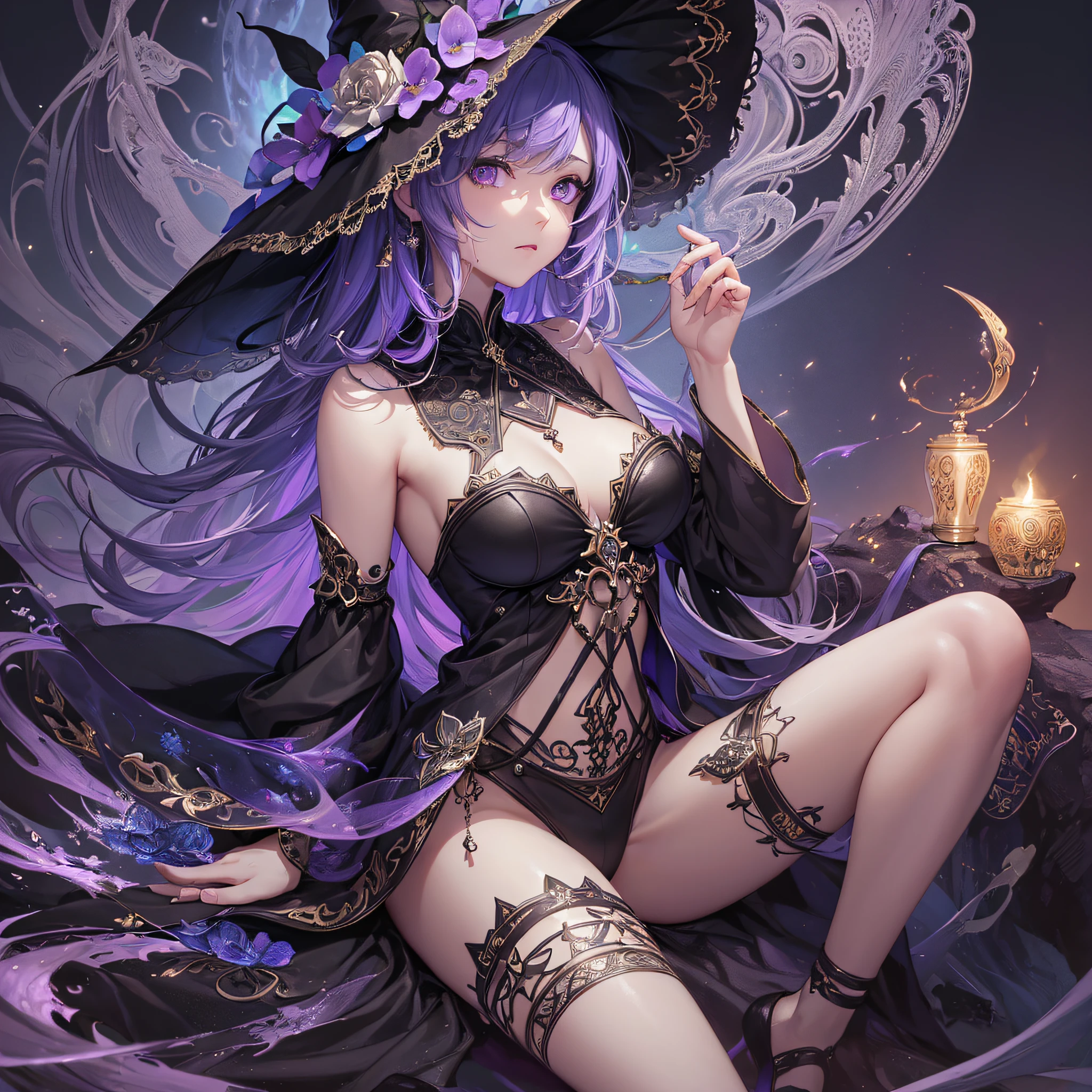 (((masterpiece))), (((best quality))), ((ultra-detailed)), (highly detailed CG illustration), ((an extremely delicate and beautiful)),cinematic light,((1 girl)),solo, full body, arms with runic tattoos, witch's hat,,expressionless, Deep purple eyes, Darkfantasy,extreme detailed,colorful,highest detailed,loongs, fengs,dark florest background With smoke, magic background --auto --s2