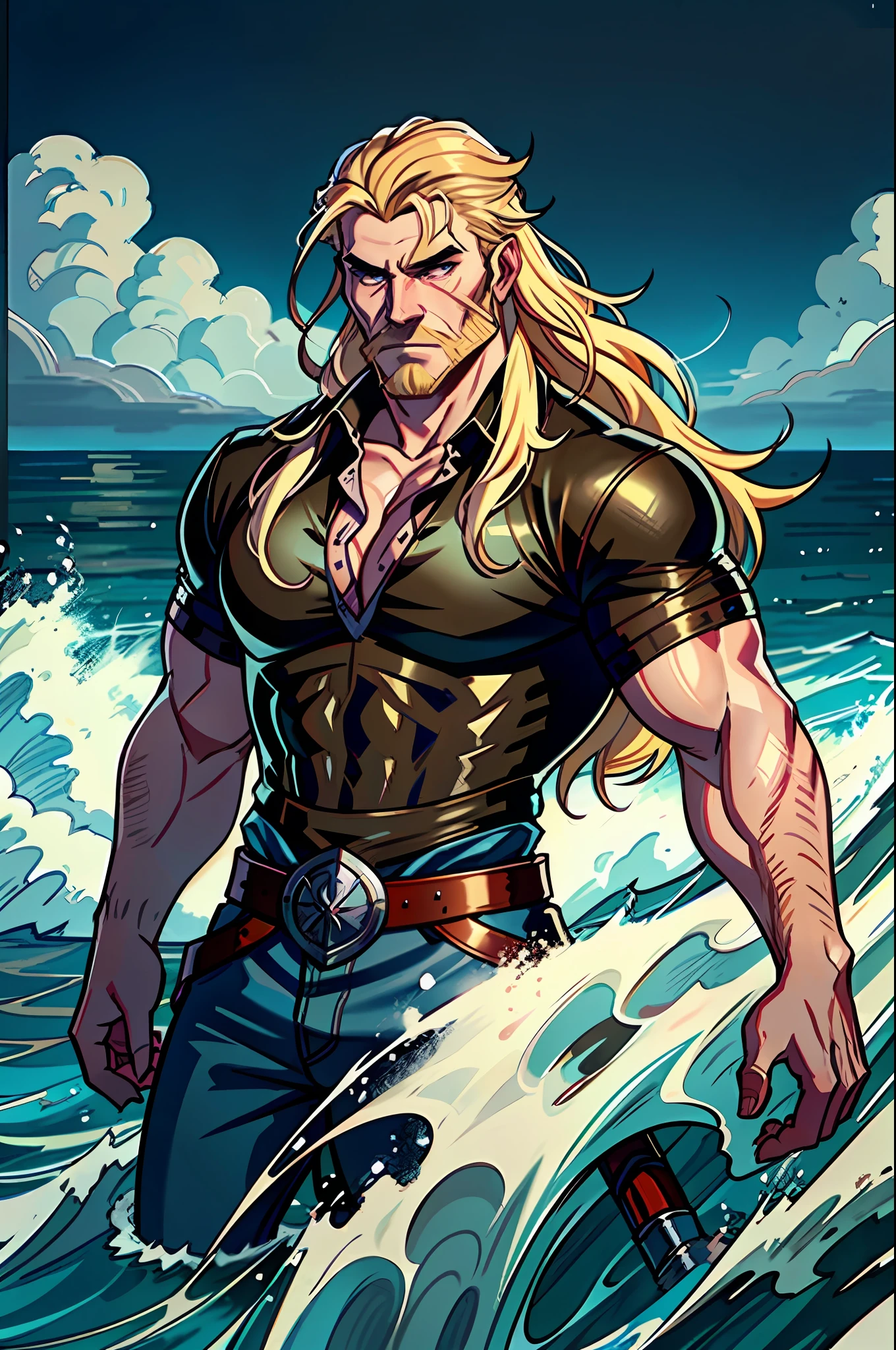 inked, a handsome, muscular, viking viking in typical viking attire, leather shirt, blouse, fully clothed, with pants and shirt, full body, face facing forward, looking at camera, long blonde hair, stormy background by the sea, masterpiece, best quality, 8k, sharp focus, upper body, simple background, water color