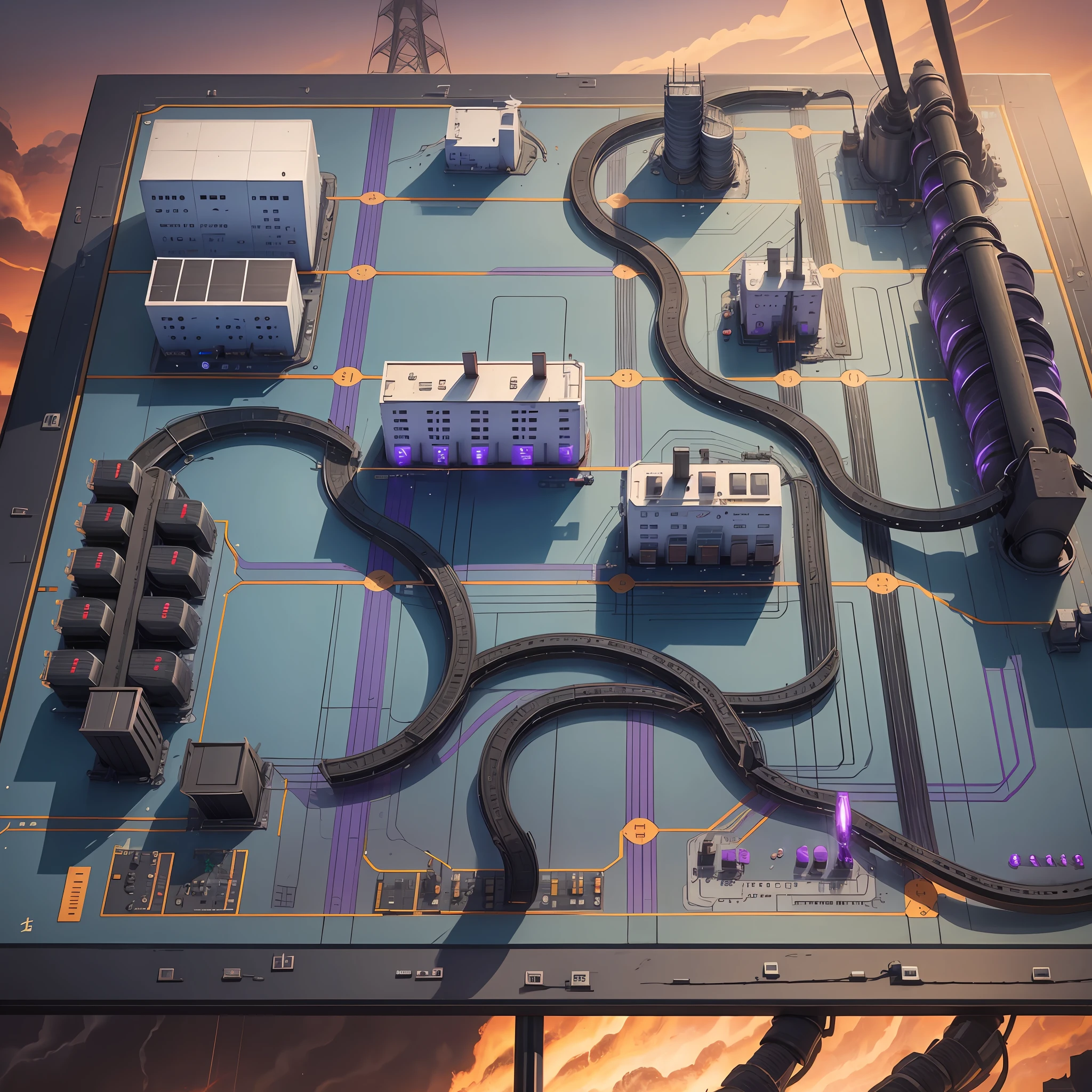 Power grid the board game with high voltage electrical wires with small purple charges on the wires signifying live wires and two coal plants with smoke stacks emitting black smoke --auto --s2