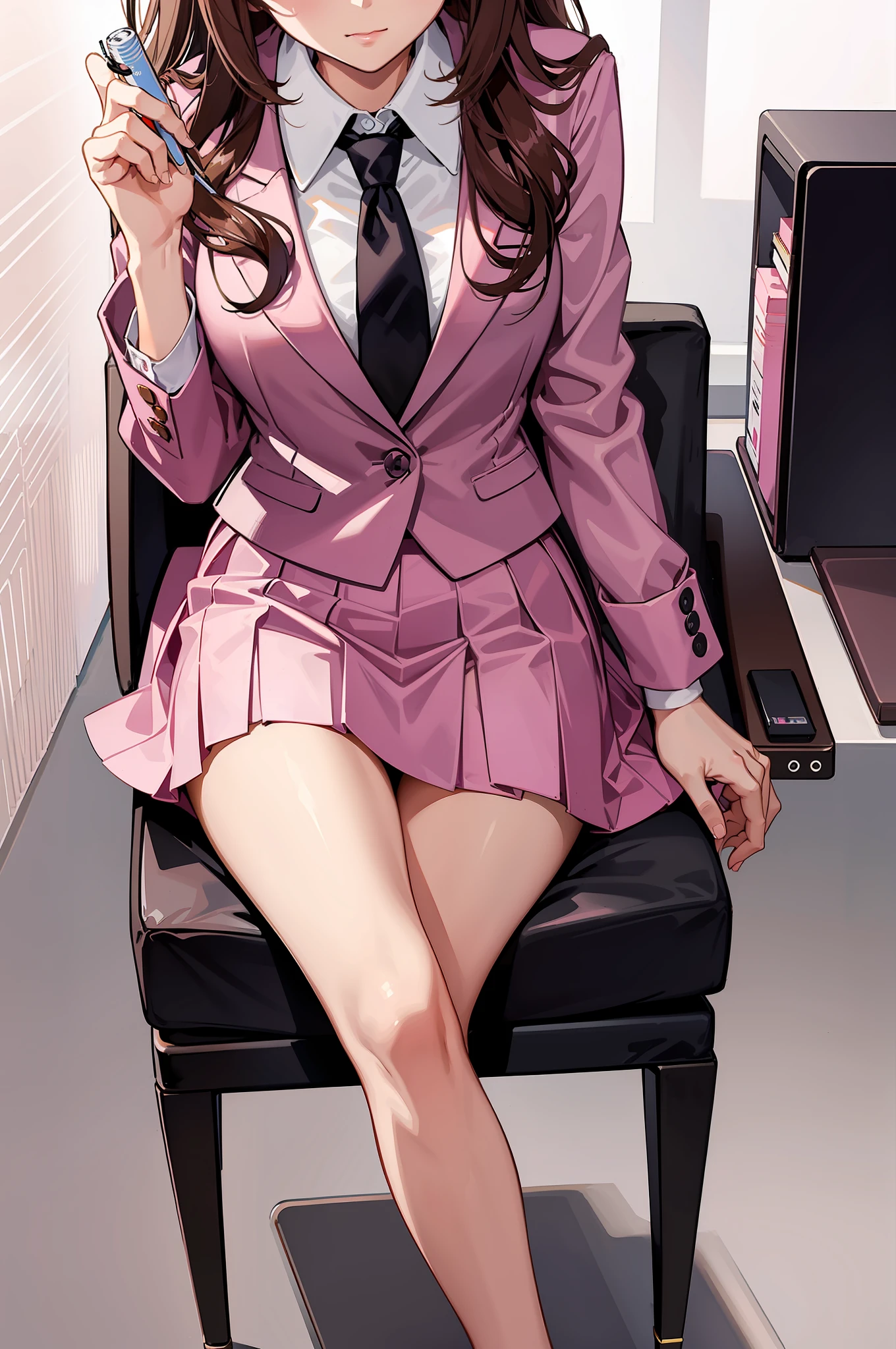1girl, full body, long hair, wavy hair, brown hair, hazel eyes, happy, raised eyebrow, medium breasts, skirt suit, pink suit, white shirt, collared shirt, suit jacket, pink suit jacket, striped necktie, pink necktie, long sleeve, pencil skirt, pink skirt, black shoes, high heels, sitting, crossed legs, holding pencil, office, office chair, desk