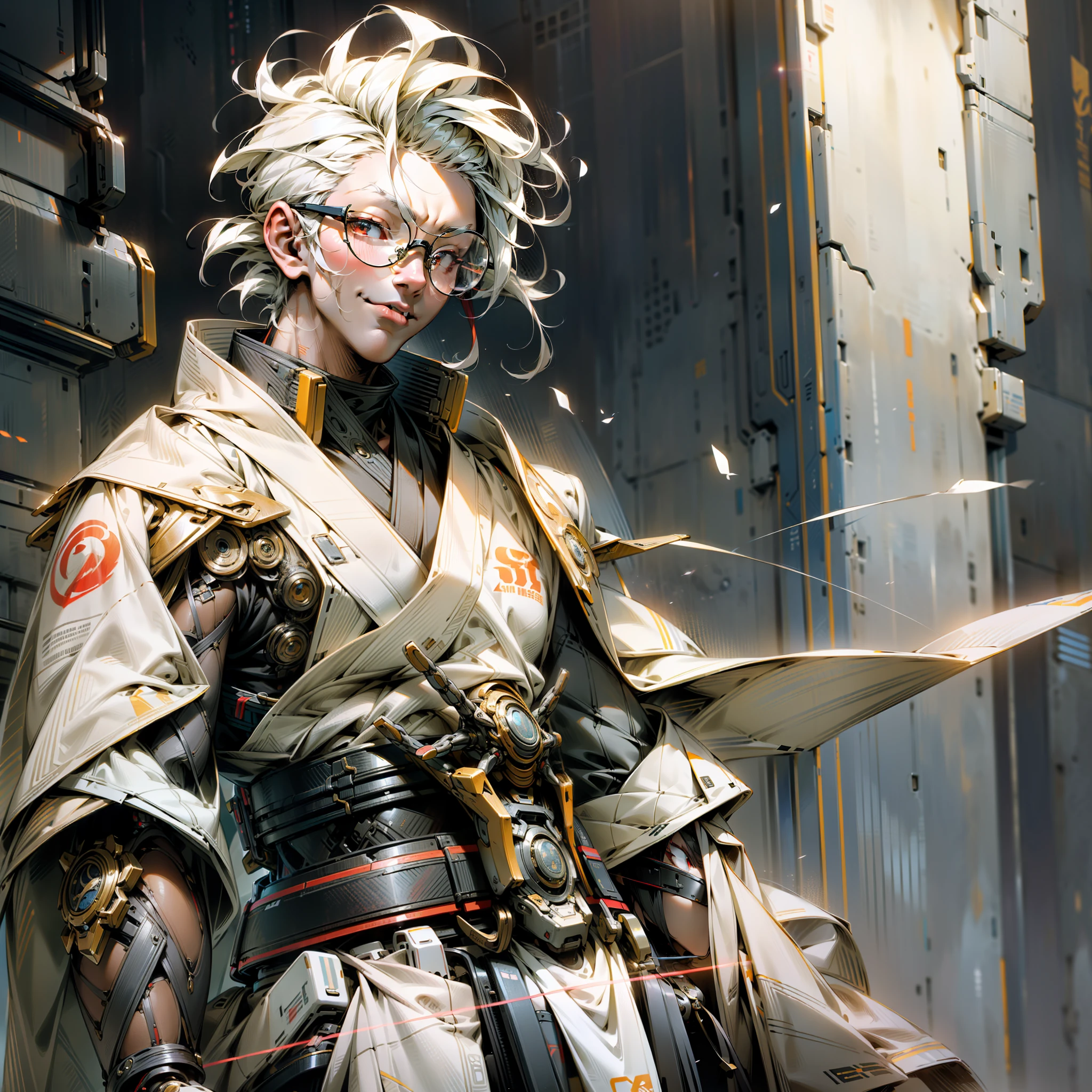 masterpiece, best qualified, high quality, (futuristic: 1Man), anime, 1man, samurai, beautiful red eyes (white samurai cyberpunk costume), movie lighting, (exquisite futuristic), gorgeous and beautiful, super detailed, great composition, floating, depth of field, (very detailed CG, 8k unit wallpaper), (beautifully detailed background), beautiful hair details, dramatic lighting, small white hair shaved on the sides with bangs. His face has glasses, sarcastic smile with tongue out and he is looking at the camera in god pose, where his arms are open, looking confident and outrageous, does not present any anatomical errors and has perfect hands, following human anatomy, (from the torso up). He has a small scar on his eyebrow, (god pose) (open arms) anatomically perfect, detailed clothing, perfect fingers