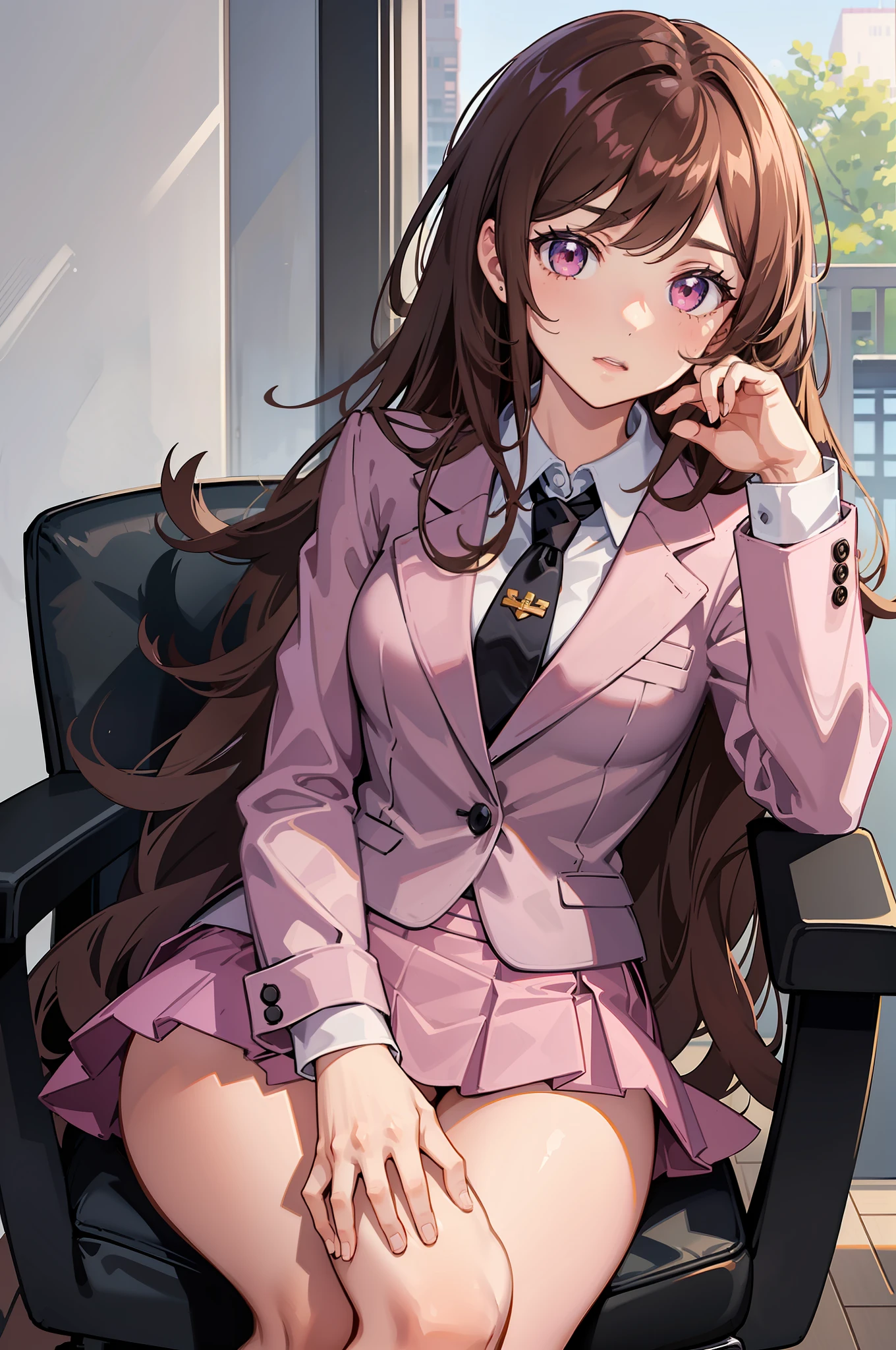 1girl, full body, long hair, wavy hair, brown hair, hazel eyes, happy, raised eyebrow, medium breasts, skirt suit, pink suit, white shirt, collared shirt, suit jacket, pink suit jacket, striped necktie, pink necktie, long sleeve, pencil skirt, pink skirt, black shoes, high heels, sitting, crossed legs, holding pencil, office, office chair, desk