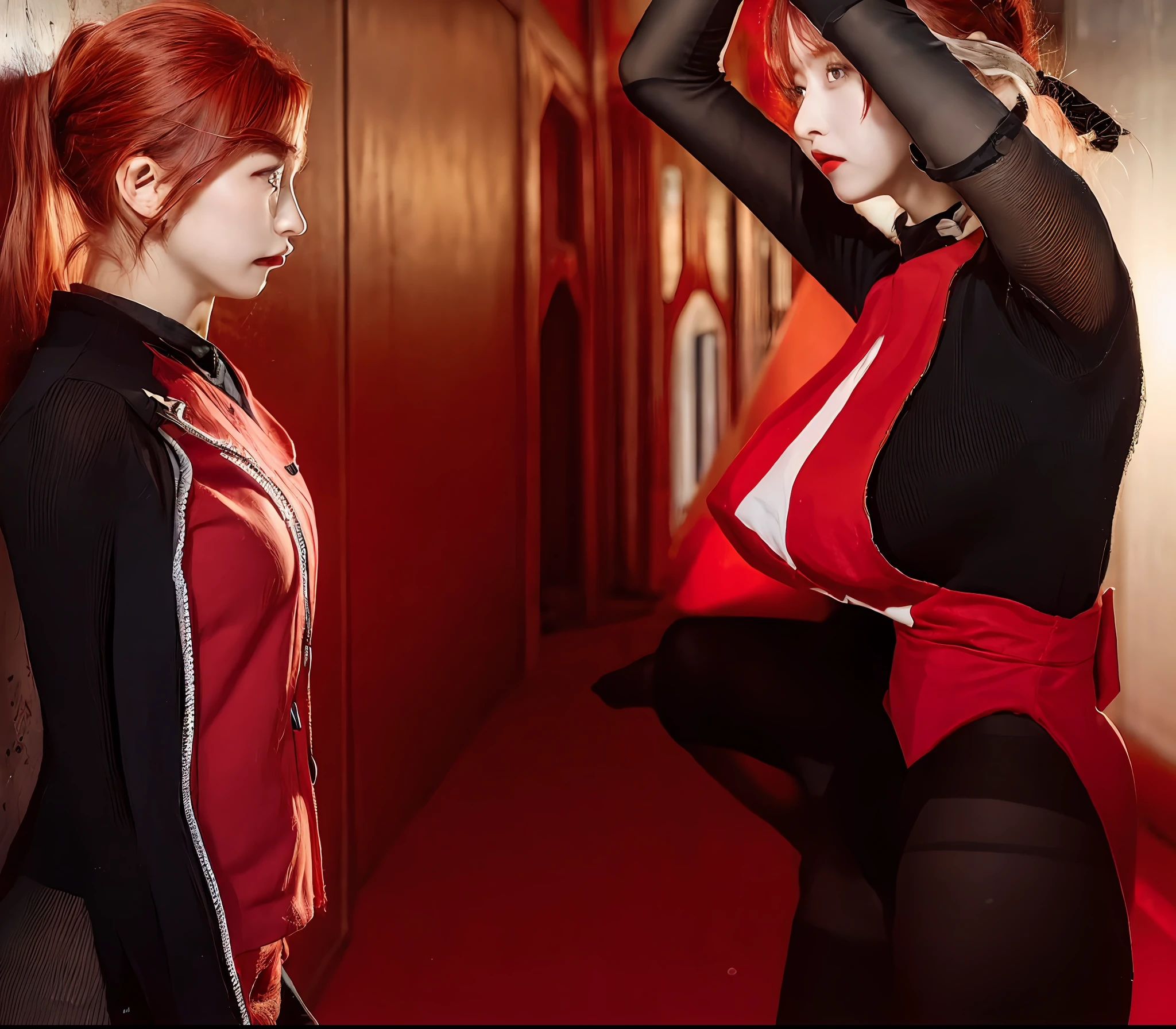Red hair, black tights, concrete walls, mortified expression of defeat, torn clothes