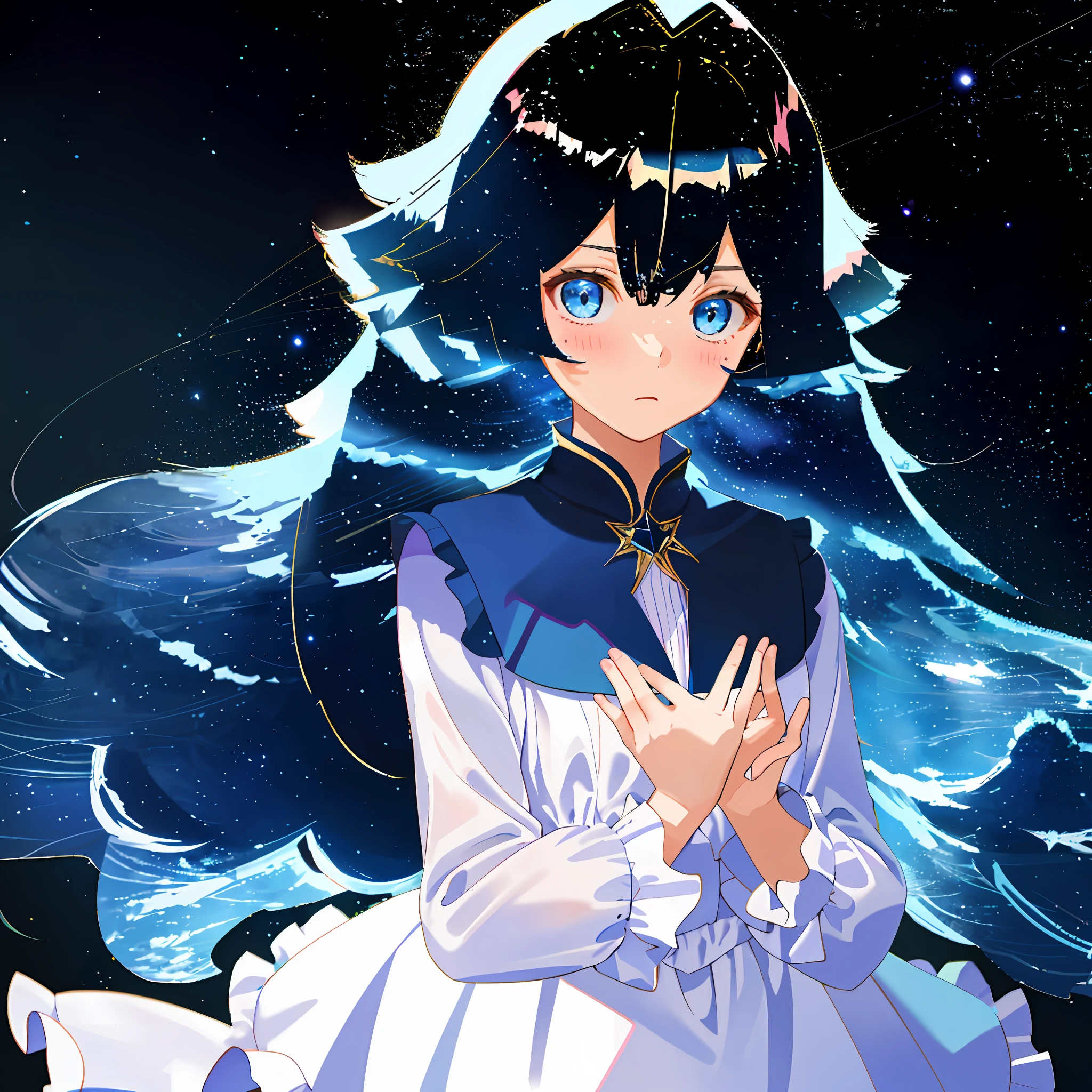 Masterpiece, 1 girl, hair gradient with the feeling of starry sky, dull hair, blushing, blue eyes, hands folded in front of chest.