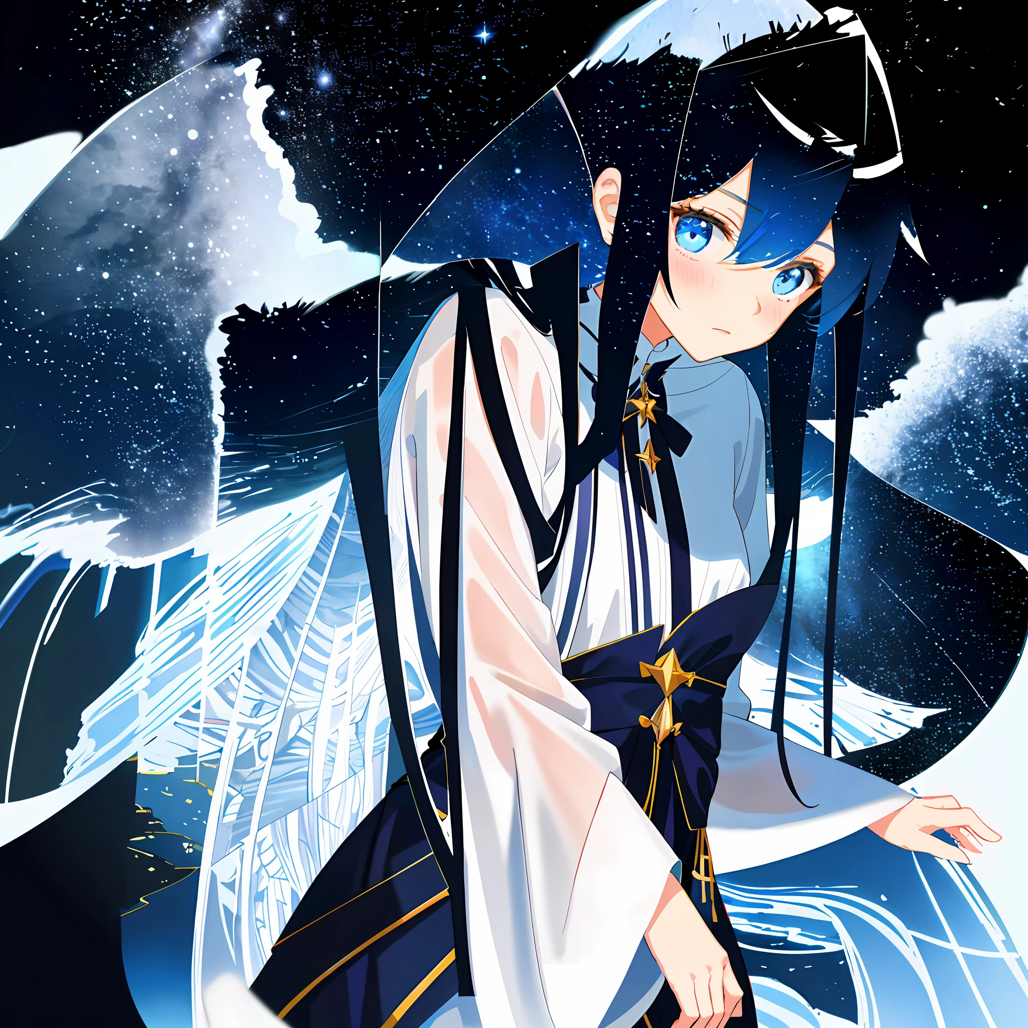 Masterpiece, 1 girl, hair gradient with the feeling of starry sky, dull hair, blushing, blue eyes, hands folded in front of chest.