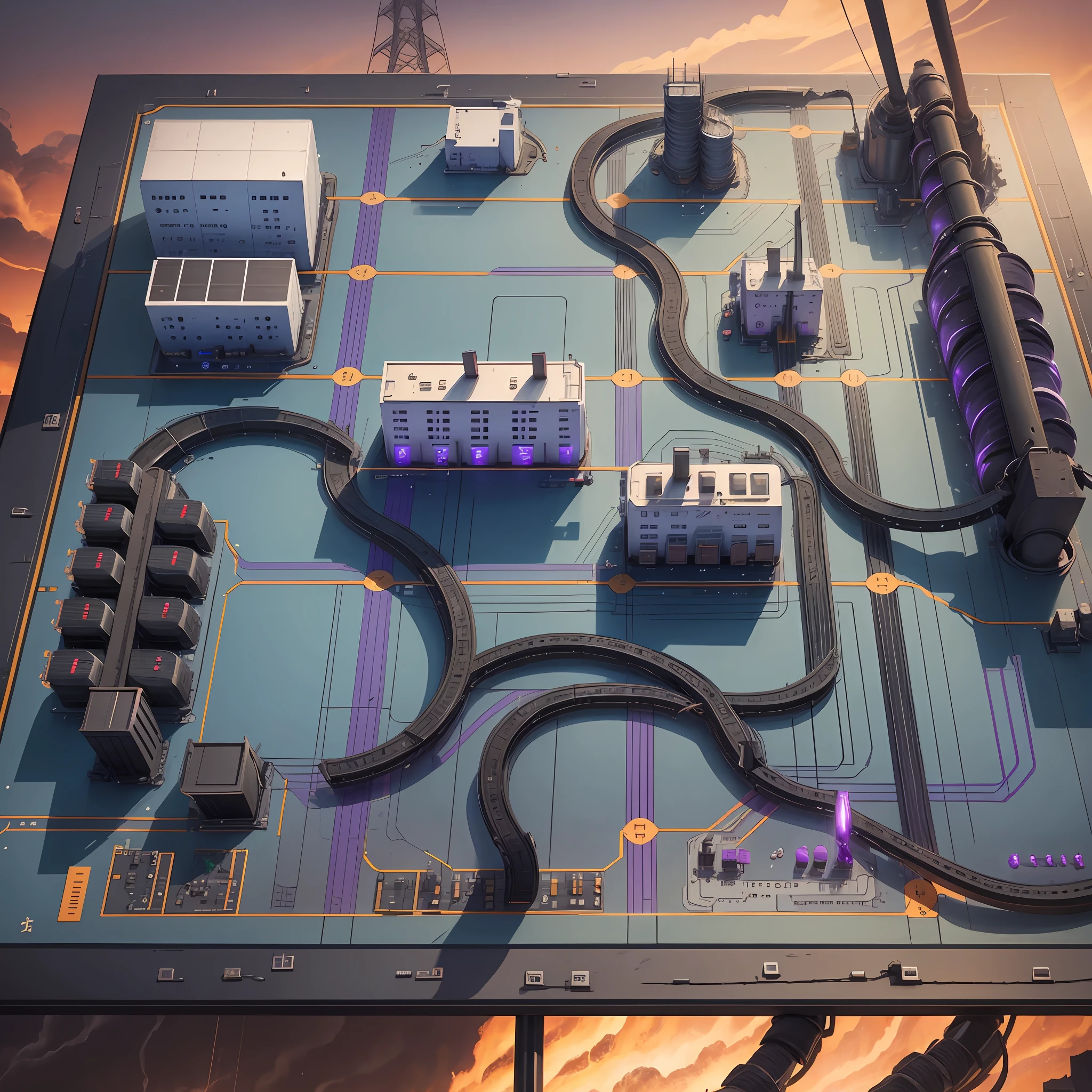 Power grid the board game with high voltage electrical wires with small purple charges on the wires signifying live wires and two coal plants with smoke stacks emitting black smoke --auto --s2