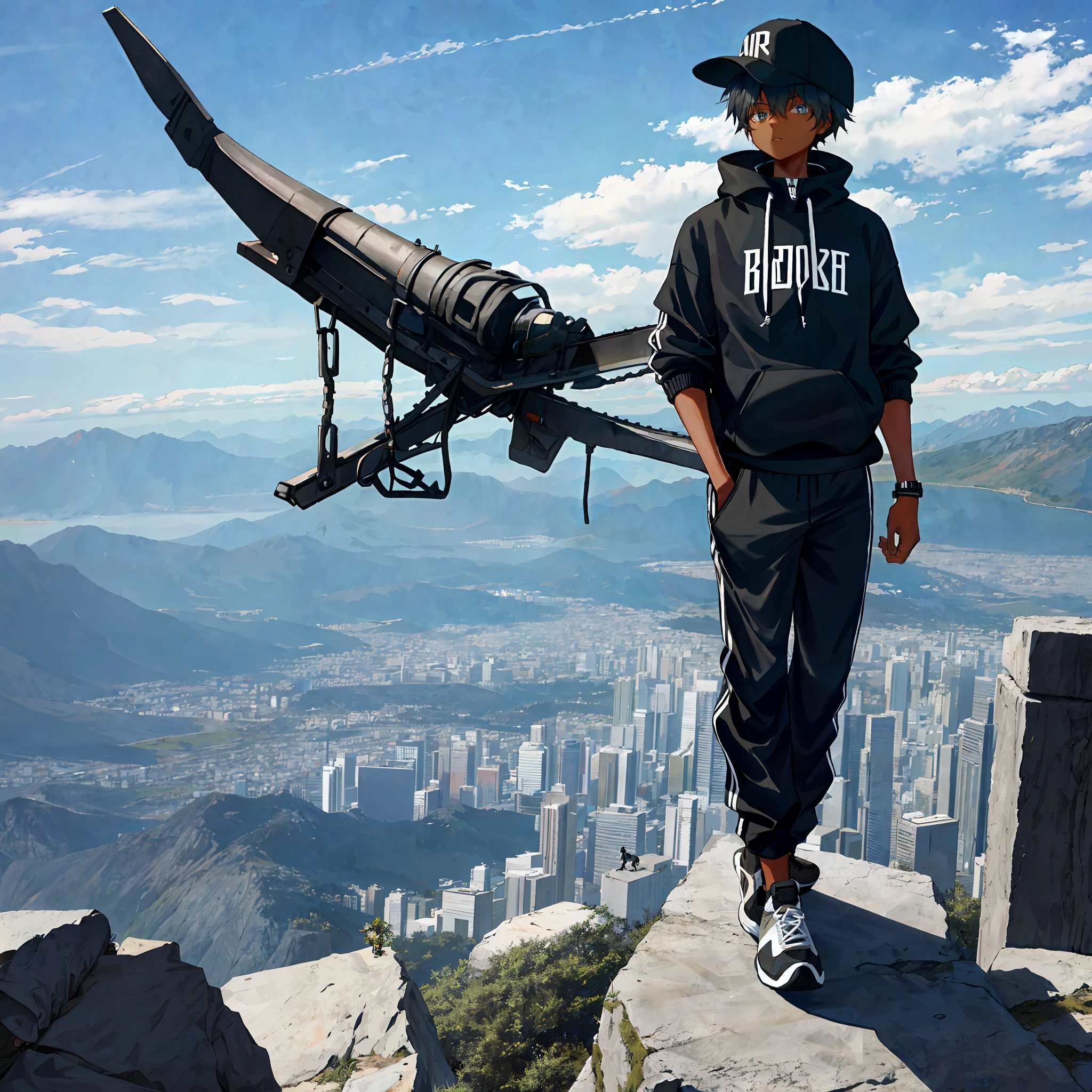 A black ager on his back in black clothes, sweatshirt, sneakers, cap and pants, on top of a mountain looking at a city.