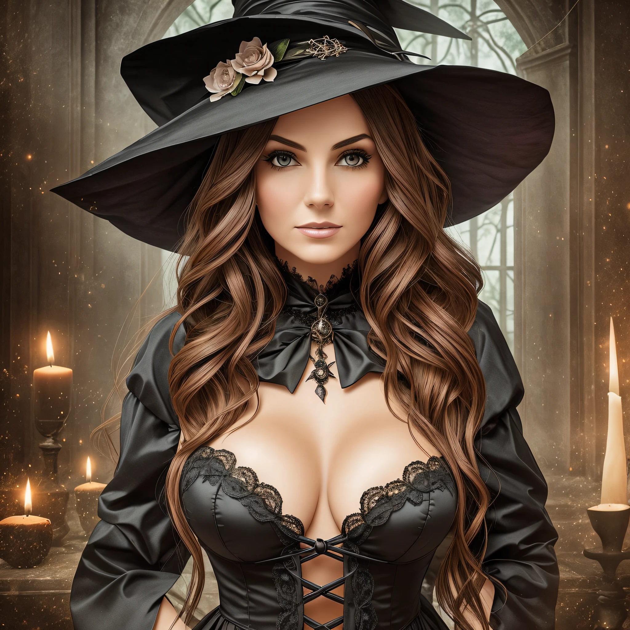 A beautiful witch storyteller, present in a scary room, detail for the breasts and sensuality --auto --s2