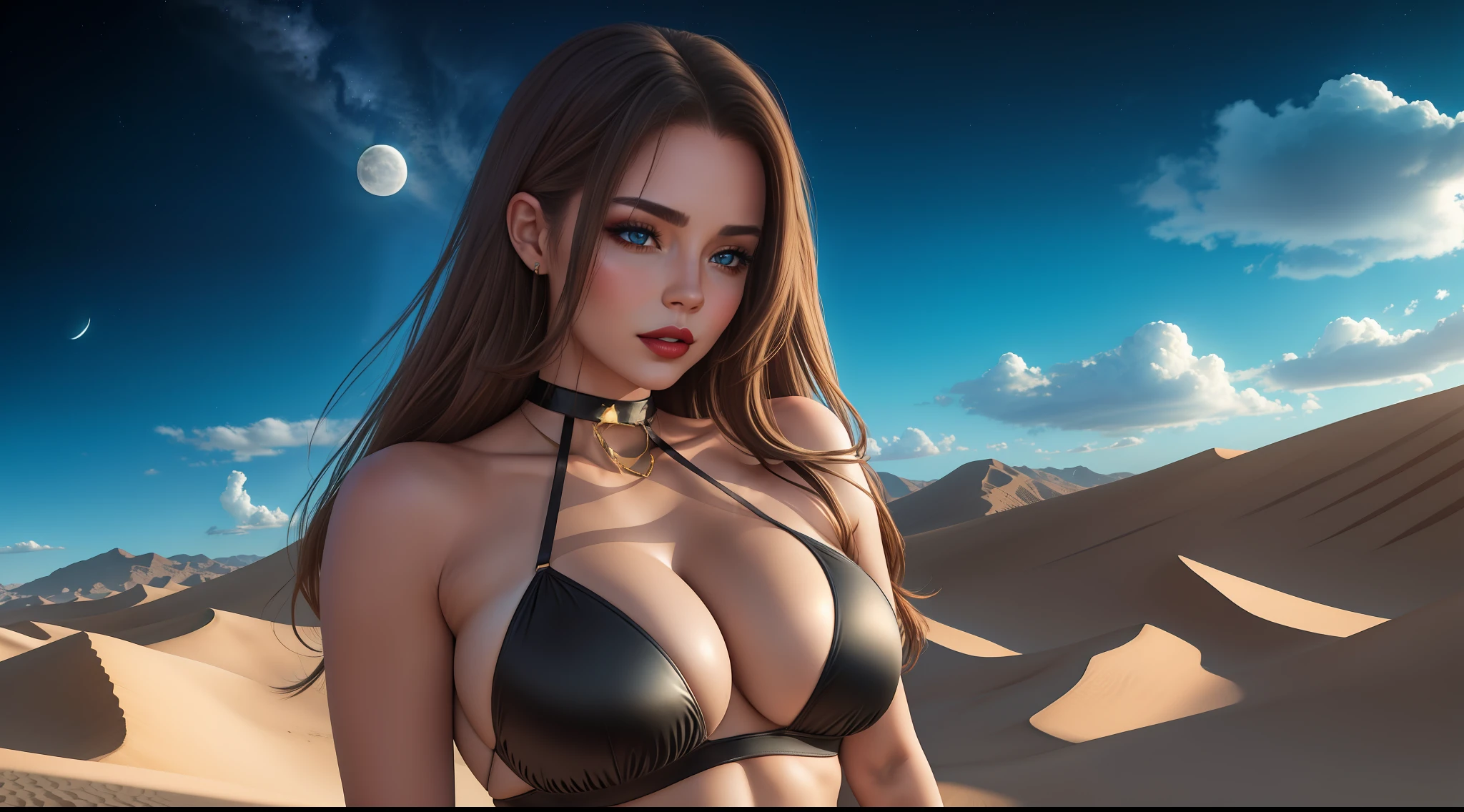 1 girl, ig model, looking far away with her hand in her hair, lewd face, sexy, cleavage, brown hair, brunette, blue eyes, red lips, collar, black bikini, black skirt, black panties, black bra, thigh highs, arm band, armpits, large breasts, wide hips, thick thighs, muscles, abs, no teeth, beautiful face, realistic, ray traced, beautiful eyes, red lipstick, desert, sand, night, stars, moon, clouds