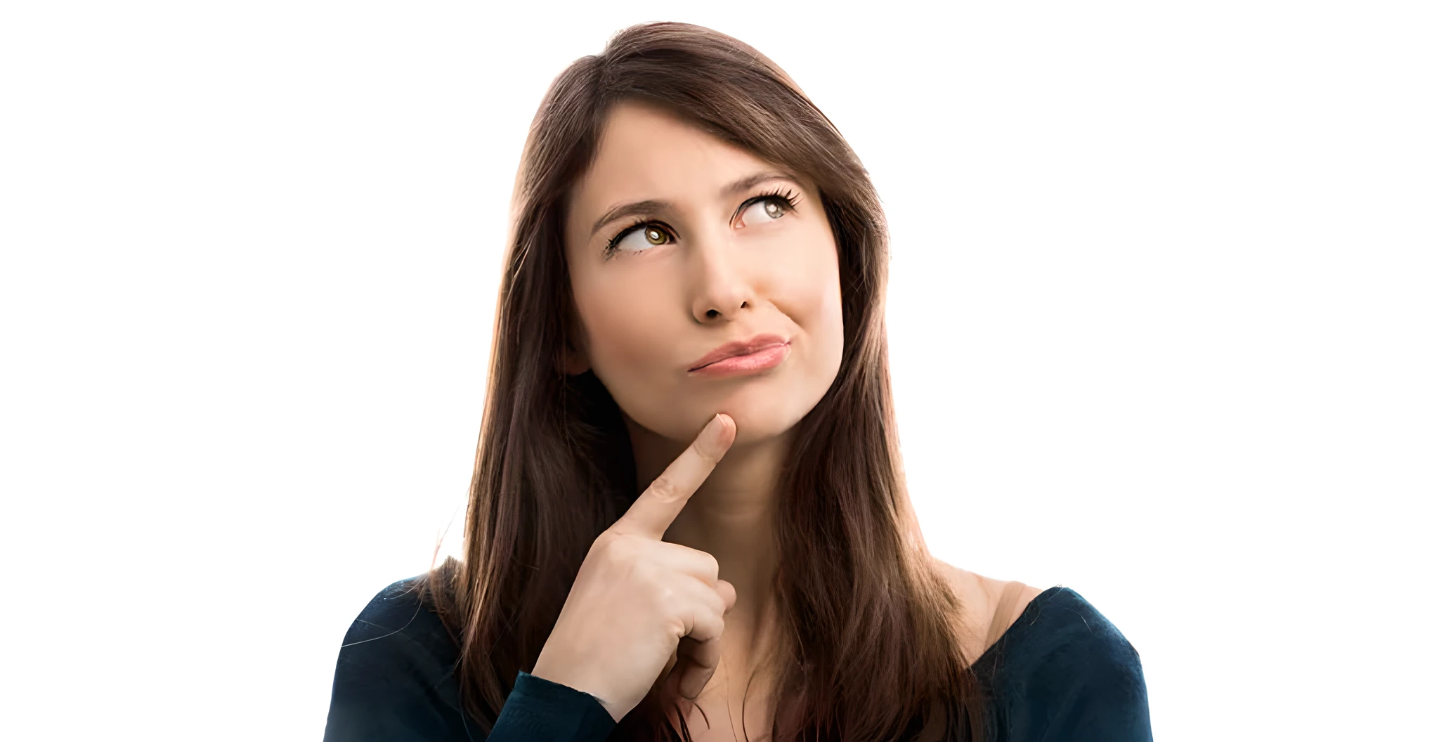 woman with finger on lips looking up at something with a thoughtful look, looking confused, hovering indecision, thinking pose, with a pointed chin, pensive and hopeful expression, pointed chin, pondering, thoughtful expression, istockphoto, hand on her chin, woman's face looking off camera, half image, confused facial expression, featured, looking away from viewer