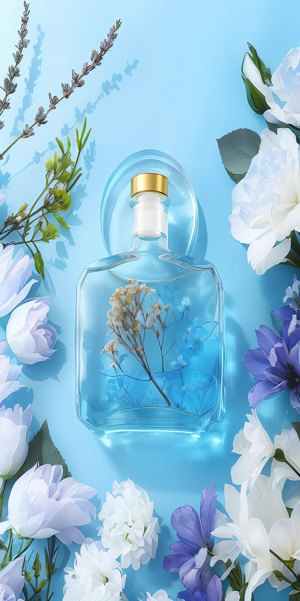 there is a bottle of perfume with flowers on a blue surface, floating in perfume, beautiful aesthetic, beautiful intricate glass bottle, transparent glass vase, product photography, femme, perfume bottle, glass bottle, professional product photography, transparent liquid, high quality product photography, blue - petals, fancy whiskey bottle, dreamscape in a jar, perfume, made of dried flowers