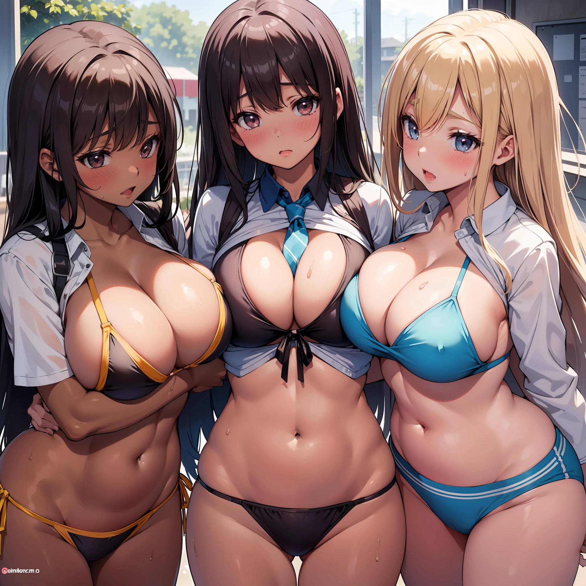Three sexy anime girls in bikinis posing for a picture - SeaArt AI