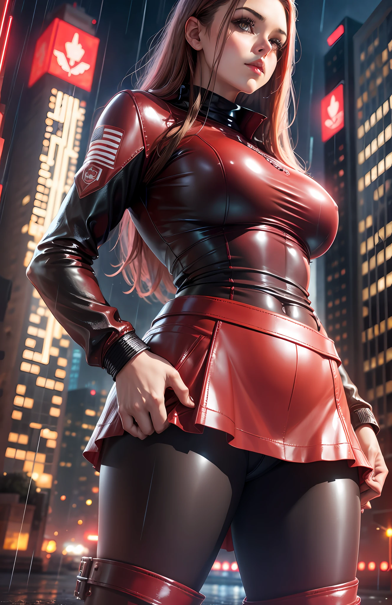 Girl in tight leather skirt standing in front of giant red robot, on rainy night, realistic, 8k