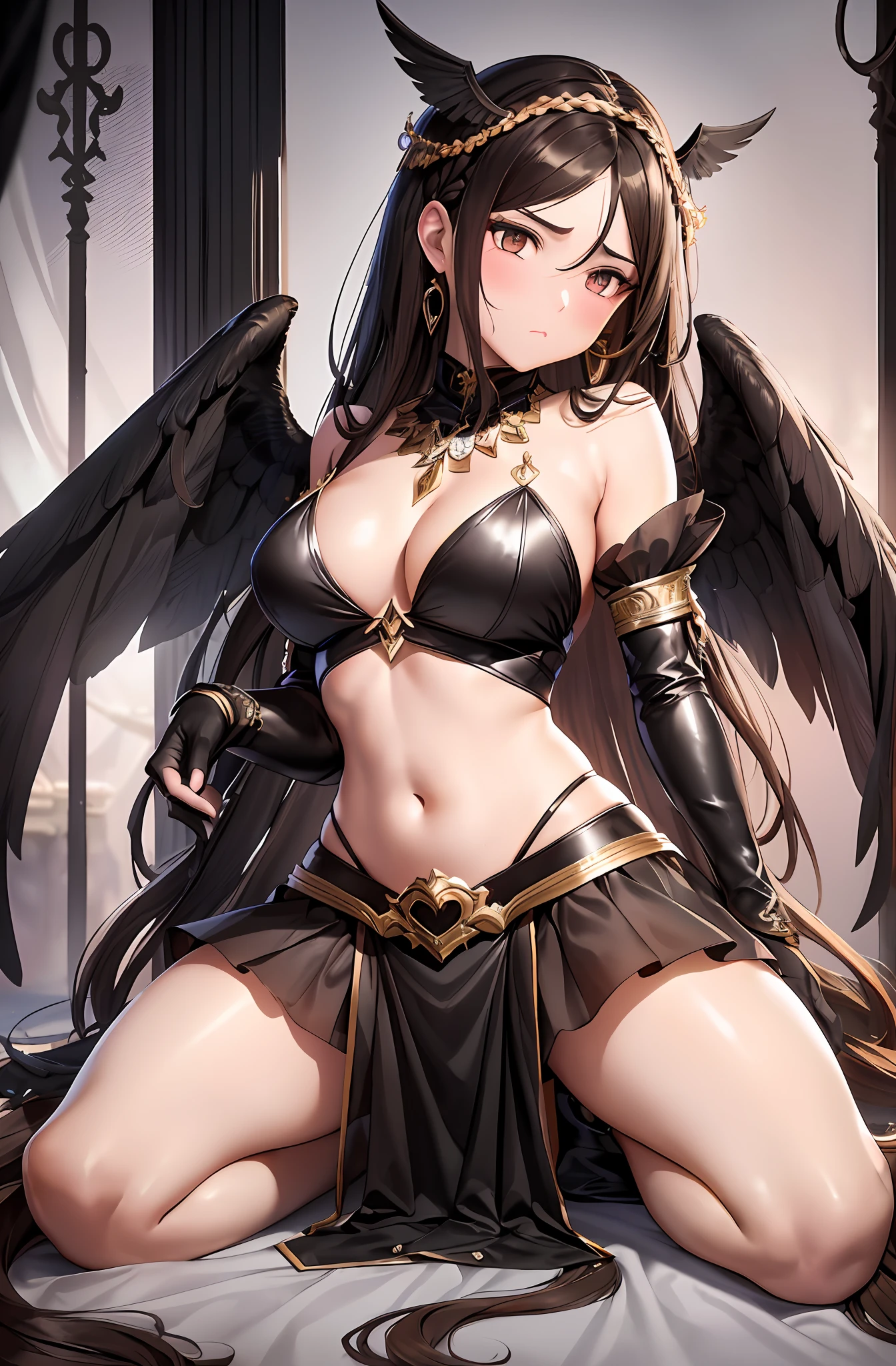 Top quality, ultra high resolution, (photorealistic: 1.4), attractive face. Model face. Braid. Thin. Bikini, beautiful details, brown face. Light brown hair. Brown hair. Big tits. Shorts. Earring. Luxurious necklace. Detail. Vivid? On the back large wings. Brown hair in braids, traditional female hairstyle, long braid hair, long dark braid hair, brown hair in braids, black feathers on the back. Black wings. Black plumage. Devil's wings. Navel, Detached sleeves, Bare shoulders, Middle opening, cleavage, Middle chest, Long feathered hair clip, Hair ornament, Thigh height,, Full body, ... Warping the body. Warping the body. Kneeling. Get on your knees. Close one’s eyes. Close your eyes and kiss. Close your eyes. Close your eyes and kiss. Pressing for a kiss. Kissing face. Embarrassing face. Blush. Kiss embarrassedly. Troubled face. Troubled face. Troubled look. She closes her eyes. Raise chin.