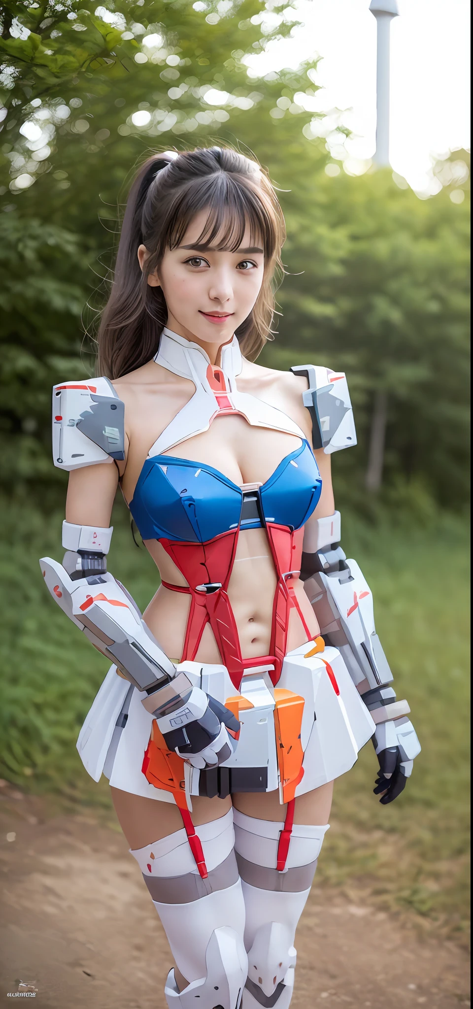 (Top Quality, 8k, Masterpiece: 1.3)), Sharp Focus: 1.2, Perfect Body Shape: 1.4, Slender Abs: 1.2, (((Dark Gray Hair, Big: 1.4)), Highly Detailed Face and Skin Texture, Detailed Eyes, (Full Body, Sting) (Best Quality: 1.5), (Masterpiece: 1.5), (High Resolution: 1.5), (RAW Photo: 1.5), Realistic, Photorealistic, High Detail, Film Grain, Detail Skin, Natural Light, Symmetrical, 8K, One Beautiful Girl, Solo, Masterpiece, Highly Detailed CG Unity 8K Wallpaper, Top Quality, Lifelike, RAW Photos, Amazing, Detailed, Award-winning Photos, Cinematic Lighting, (Full Body Gravure Photography), Balanced Body, Balanced Face, Balanced Eyes, Beautiful eyes, cute mouth, cute nose, (full body), (petite, small face, slim, slender body), (big, H cup), (side breasts), breasts, (smile), 1 beautiful girl, (young face, 15 years old, beautiful girl), solo, (white, blue, red, color micro bikini type Gundam style mecha armor), (white mesh stockings) (white garter), (small shoulder armor), (belly button, Exposure), (Arm Out, Exposure), (Cleavage, Exposure), (Thighs Out, Exposure), (Cosplay Venue in Disaster Prevention Park Crowded Outside Makuhari Messe), (Gundam-style Full Body Cosplay), (Full Body, Standing),
