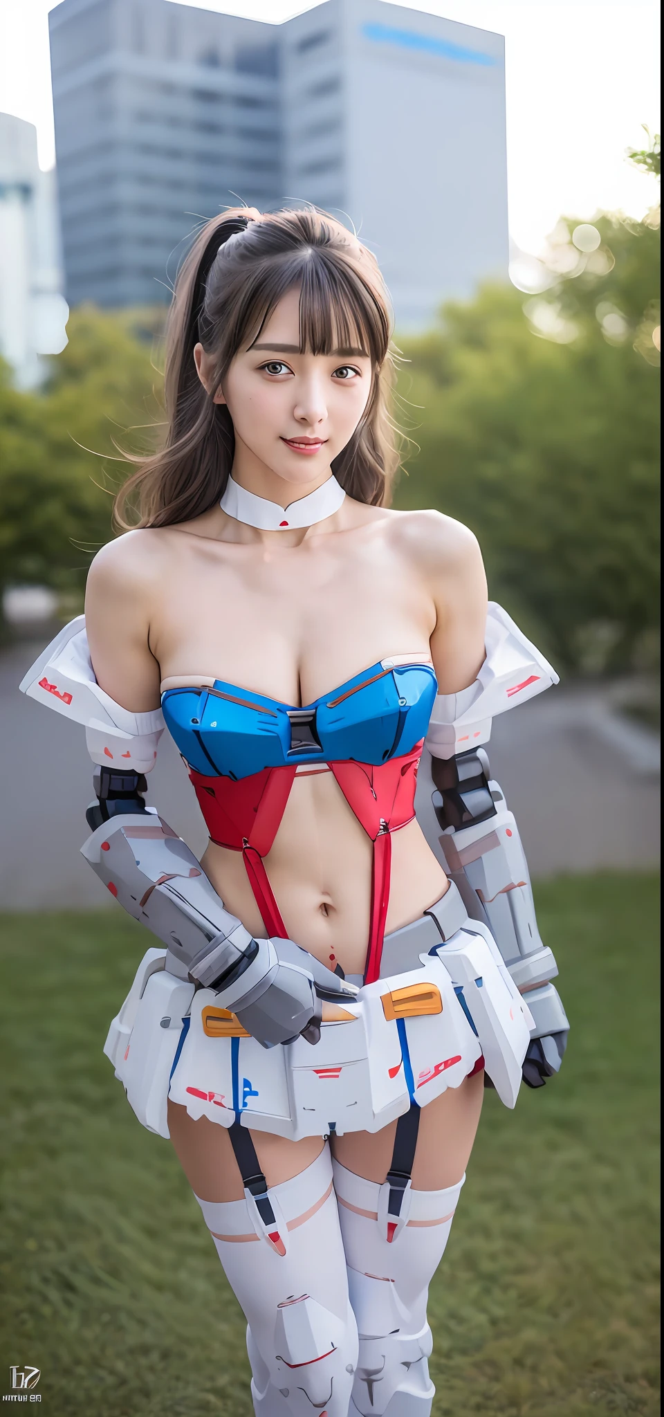 (Top Quality, 8k, Masterpiece: 1.3)), Sharp Focus: 1.2, Perfect Body Shape: 1.4, Slender Abs: 1.2, (((Dark Gray Hair, Big: 1.4)), Highly Detailed Face and Skin Texture, Detailed Eyes, (Full Body, Sting) (Best Quality: 1.5), (Masterpiece: 1.5), (High Resolution: 1.5), (RAW Photo: 1.5), Realistic, Photorealistic, High Detail, Film Grain, Detail Skin, Natural Light, Symmetrical, 8K, One Beautiful Girl, Solo, Masterpiece, Highly Detailed CG Unity 8K Wallpaper, Top Quality, Lifelike, RAW Photos, Amazing, Detailed, Award-winning Photos, Cinematic Lighting, (Full Body Gravure Photography), Balanced Body, Balanced Face, Balanced Eyes, Beautiful eyes, cute mouth, cute nose, (full body), (petite, small face, slim, slender body), (big, H cup), (side breasts), breasts, (smile), 1 beautiful girl, (young face, 15 years old, beautiful girl), solo, (white, blue, red, color micro bikini type Gundam style mecha armor), (white mesh stockings) (white garter), (small shoulder armor), (belly button, Exposure), (Arm Out, Exposure), (Cleavage, Exposure), (Thighs Out, Exposure), (Cosplay Venue in Disaster Prevention Park Crowded Outside Makuhari Messe), (Gundam-style Full Body Cosplay), (Full Body, Standing),