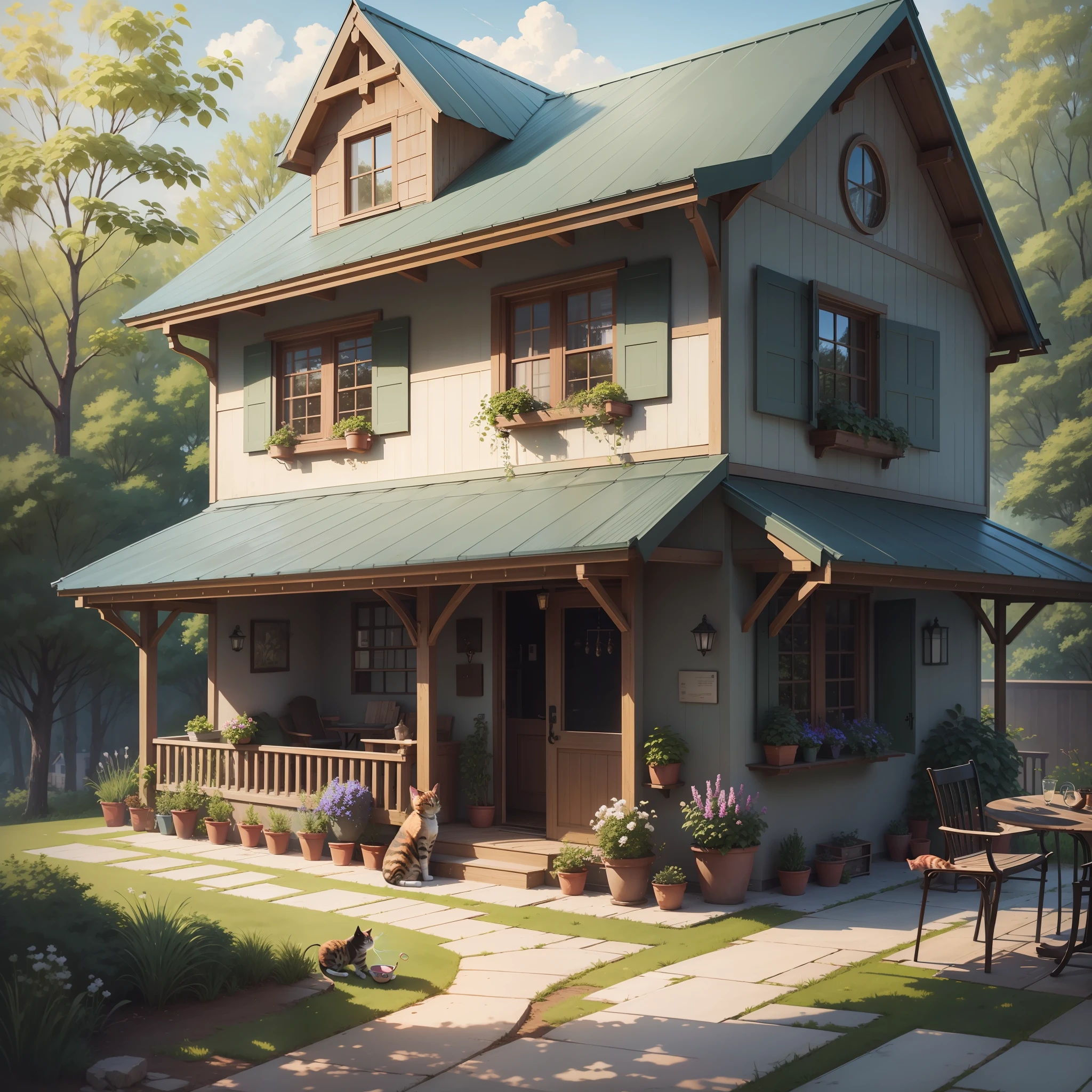 cat drinking coffee on the porch of a house overlooking nature, cat, coffee, nature, porch, house, animal, realistic, cute, 8k, detailed cat, detailed nature, detailed house, beautiful nature, detailed art