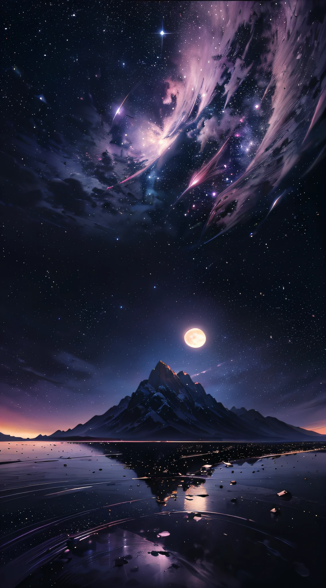 expansive landscape photograph , (a view from below that shows sky above and open field below), a girl standing on flower field looking up, (full moon:1.2), ( shooting stars:0.9), (nebula:1.3), distant mountain, tree BREAKproduction art, (warm light source:1.2), (Firefly:1.2), lamp, lot of purple and orange, intricate details, volumetric lighting BREAK(masterpiece:1.2), (best quality), 4k, ultra-detailed, (dynamic composition:1.4), highly detailed, colorful details,( iridescent colors:1.2), (glowing lighting, atmospheric lighting), dreamy, magical, (solo:1.2) --auto --s2