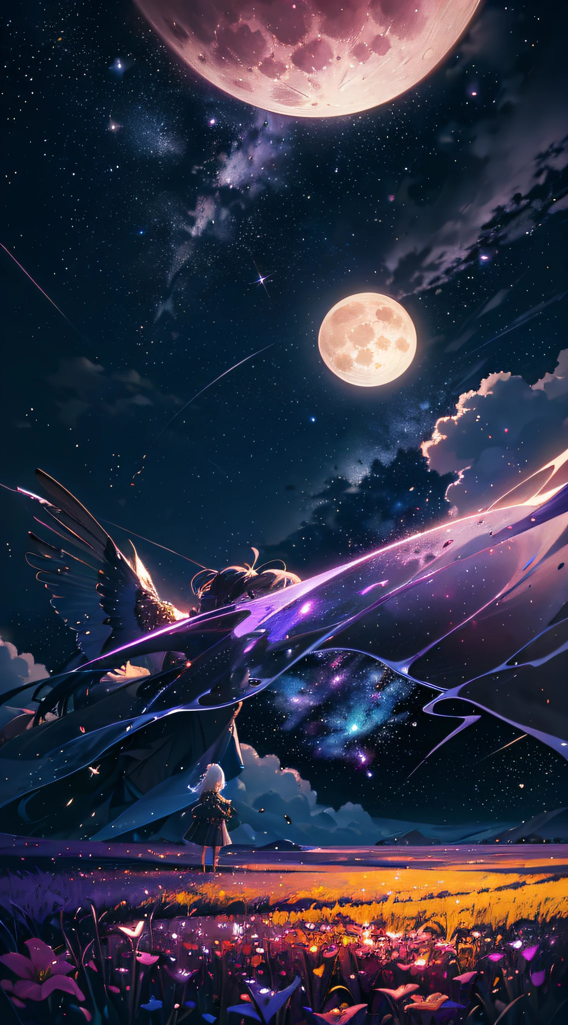 expansive landscape photograph , (a view from below that shows sky above and open field below), a girl standing on flower field looking up, (full moon:1.2), ( shooting stars:0.9), (nebula:1.3), distant mountain, tree BREAKproduction art, (warm light source:1.2), (Firefly:1.2), lamp, lot of purple and orange, intricate details, volumetric lighting BREAK(masterpiece:1.2), (best quality), 4k, ultra-detailed, (dynamic composition:1.4), highly detailed, colorful details,( iridescent colors:1.2), (glowing lighting, atmospheric lighting), dreamy, magical, (solo:1.2) --auto --s2