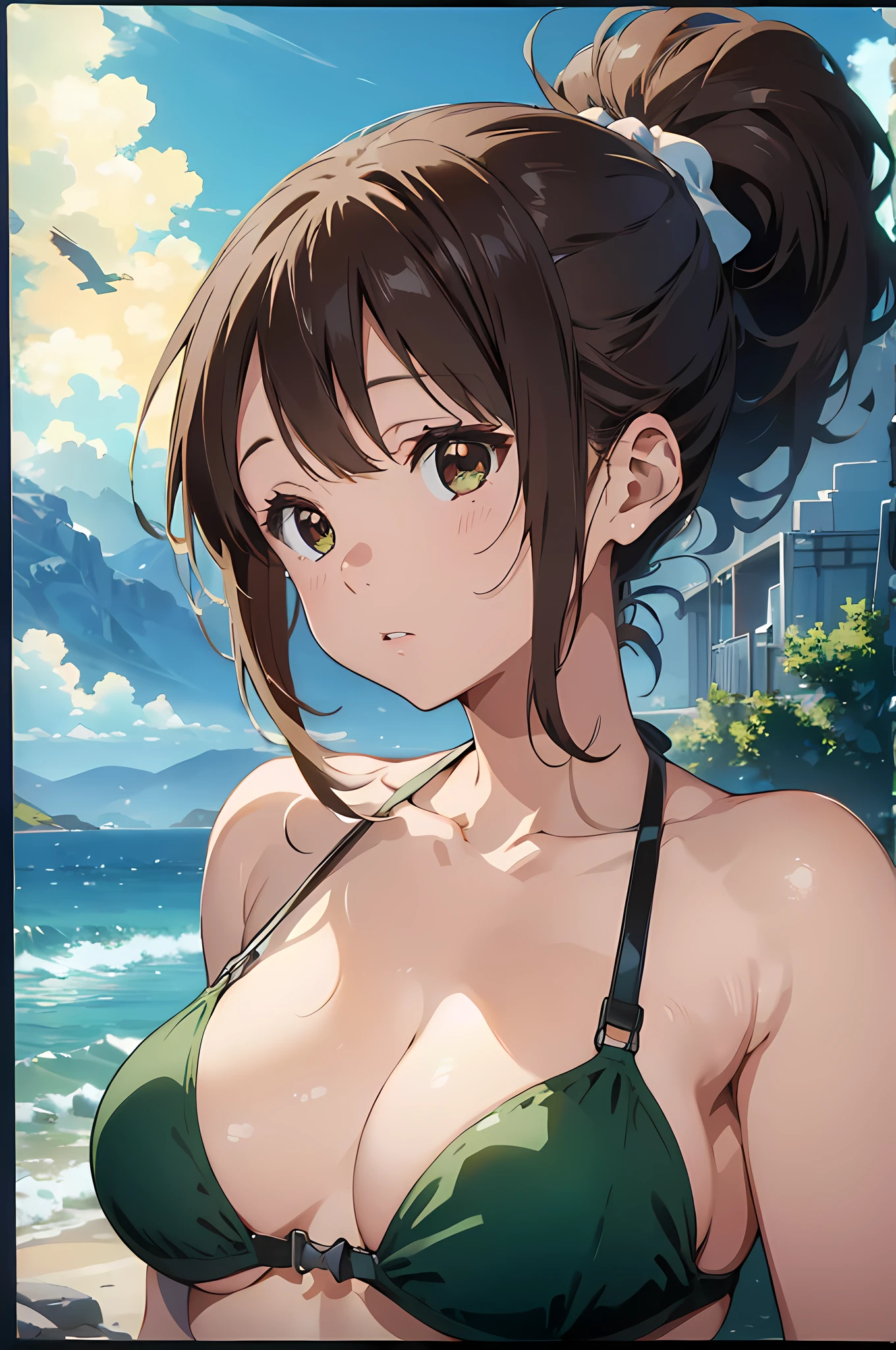 ((best quality, high resolution, distinct image)), (delicate illustration), 8k,

1girl, solo, upper body, bikini, try-on,
brown hair, ponytail, dark green eyes, large breasts,