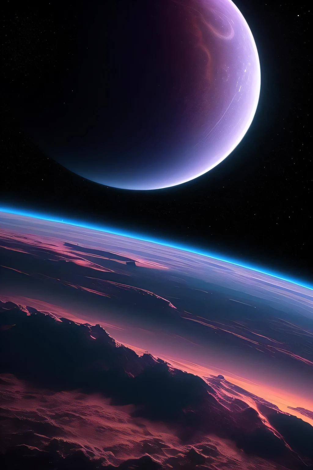 Planet from space, cosmic, purple, land, ocean, alien, solar system, colorful, fruitful, habitable, alien land, purple oceans, ice, birds, planet light years away, big, exoplanet, 8K resolution, ultra detailed, Fantasy vibe, centered, dreamlike, intricate detail, Cinematic Lightning, Unreal Engine, Realistic, Photorealistic, Hyper-detailed, insane details, Super-Resolution, Megapixel, FKAA, TXAA, RTX, SSAO, Post Processing