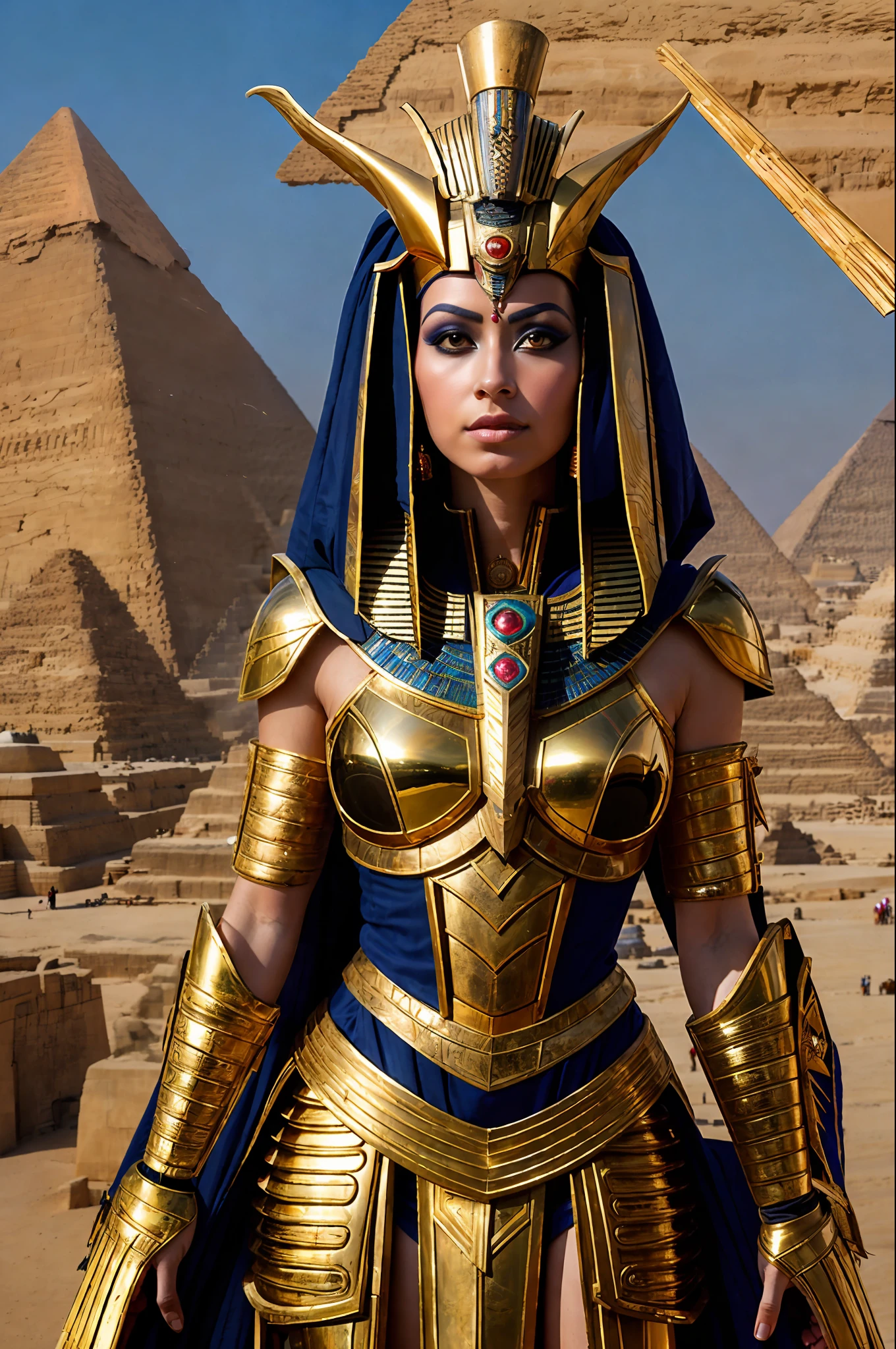 1girl, mature, queen, royal makeup, futuristic egypt, osiris solo armor, dark space, dim light muted color, realistic photorealistic (photo Drew Struzan) (masterpiece, best quality: 1.3), in front of pyramids, full body.