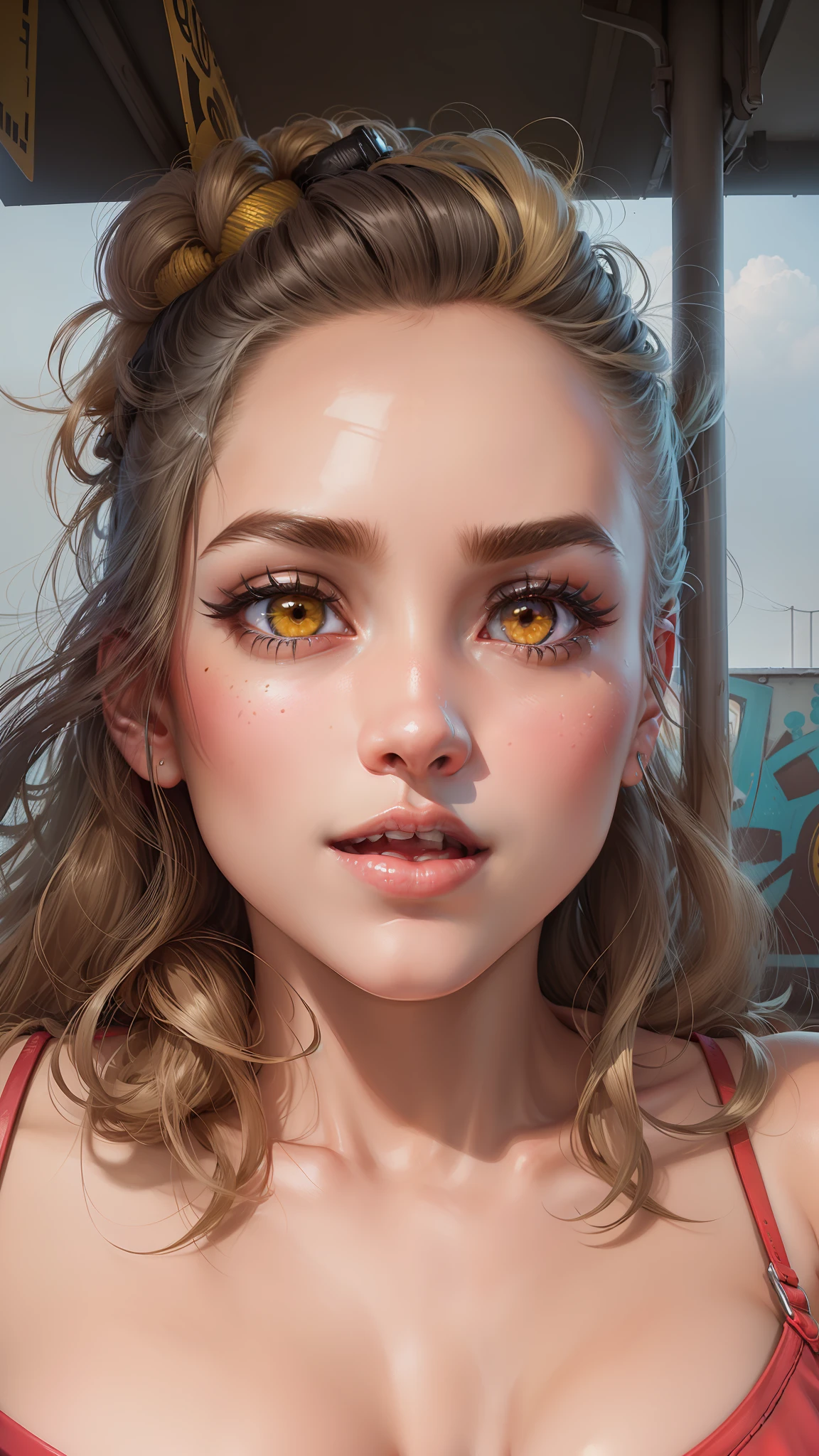 Original Character, Volumetric Lighting, Best Shadows, Shallow Depth of Field, Portrait Of Stunningly Beautiful Girl, Petite, Delicate Beautiful Attractive Face With Alluring Yellow Eyes, Messy Painted Face, Sharp Eyebrows, Broadly Smiling, Open Mouth, Fangs Out, Lovely Medium Breasts, Layered Long Twintail Blond Hair, Blush Eyeshadow, Thick Eyelashes, Applejack Hat, Oversized Pop Jacket, Mini Underboob Tee, Open Navel, Slim Waist, Denim Jeans Pants, With Buckle Belt, In The Graffiti Alley, Waste Container, Outside Stairs, Outdoor Unit, Holding Spray Paint Can, Standing, (Highest Quality, Amazing Details:1.25), (Solo:1.3), Brilliant Colorful Paintings