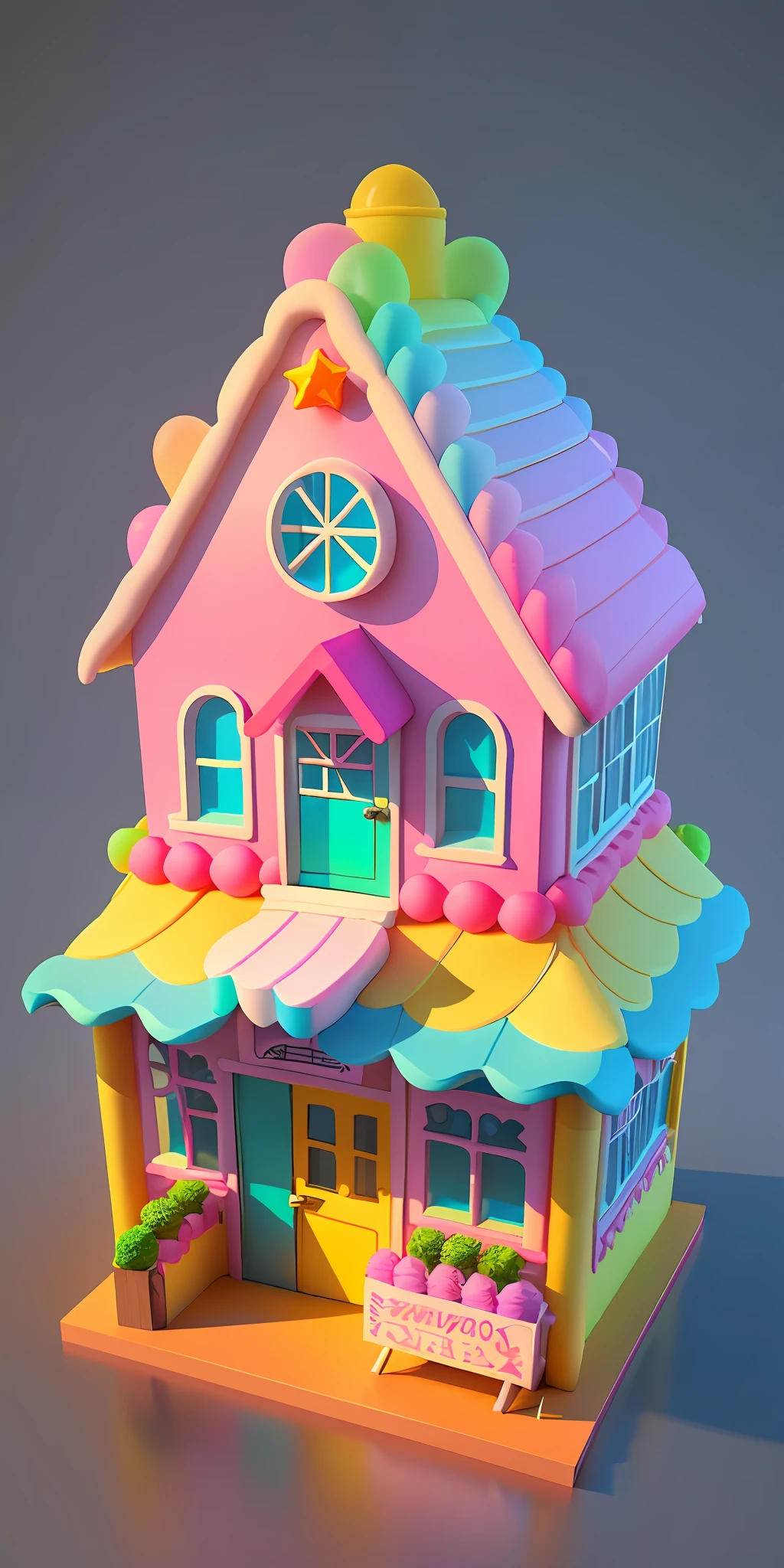 isometric house, (top-down 45-degree perspective), cartoon, candy house, colorful balloons, cute building, huge candy-like signboard, amusement park, blank background, clear structure, correct light and shadow, 3D rendering
