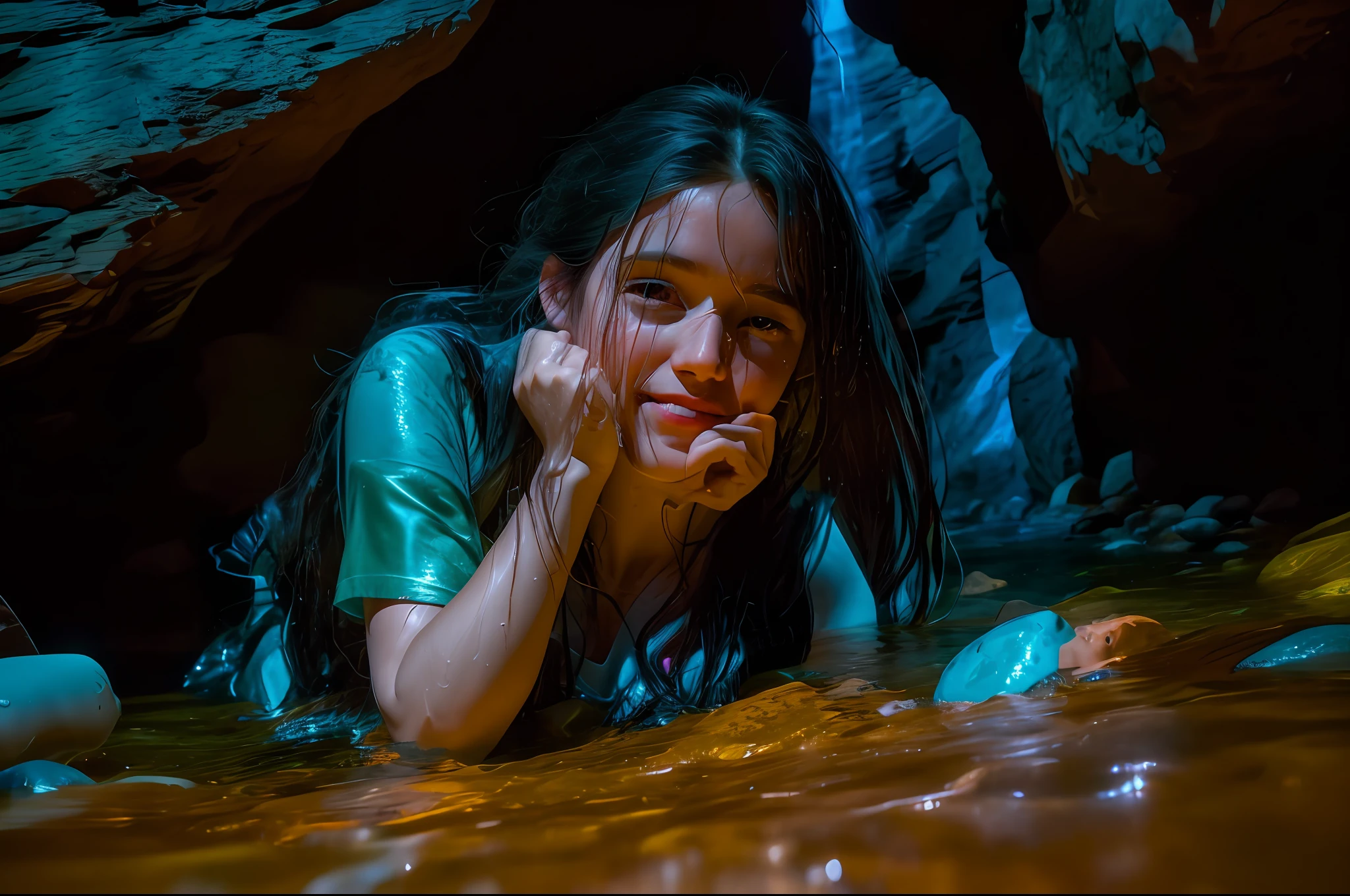 there is a woman that is laying down in the water, still from a live action movie, girl walking in a canyon, in a cave with the waterfall, hyperrealist portrait in a river, by irakli nadar, movie still 8 k, photo taken with nikon d 7 5 0, photo taken with nikon d750, cute woman