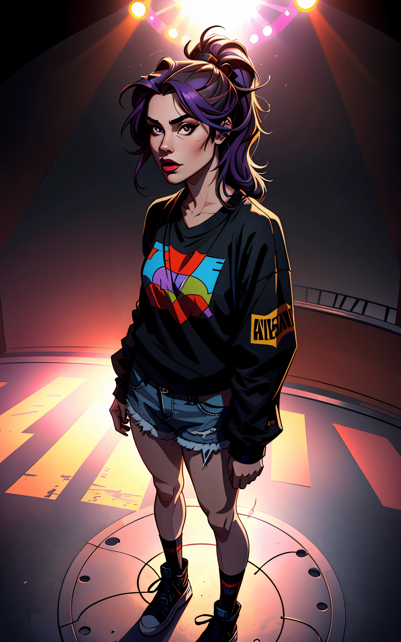 masterpiece, best quality, highly detailed, colorful, from above, solo, realistic, girl standing on a stage, metal band vocalist, singing on microphone, casual clothes (streetwear), show, spotlights, show lighting, fisheye lens