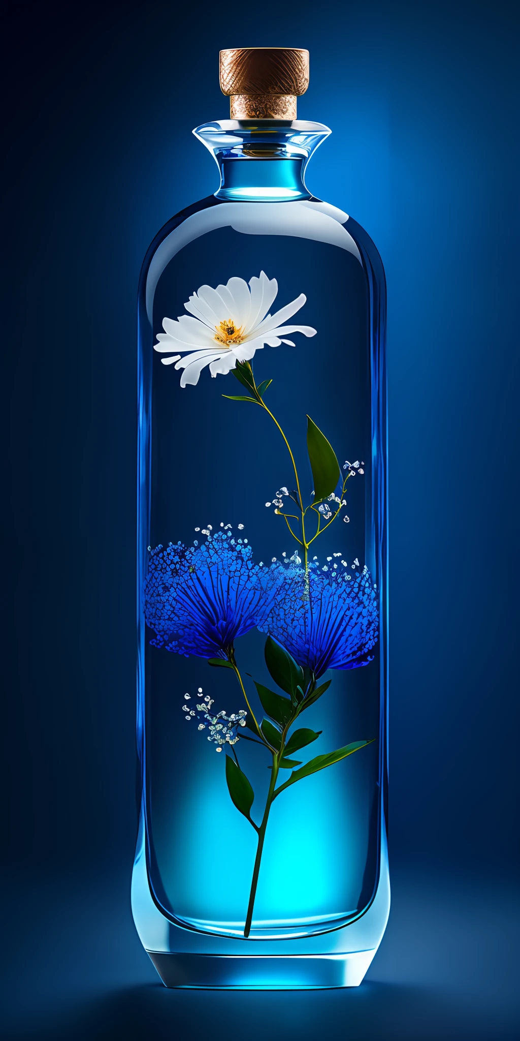 there is a bottle of perfume with flowers on a blue surface, floating in perfume, beautiful aesthetic, beautiful intricate glass bottle, transparent glass vase, product photography, femme, perfume bottle, glass bottle, professional product photography, transparent liquid, high quality product photography, blue - petals, fancy whiskey bottle, dreamscape in a jar, perfume, made of dried flowers