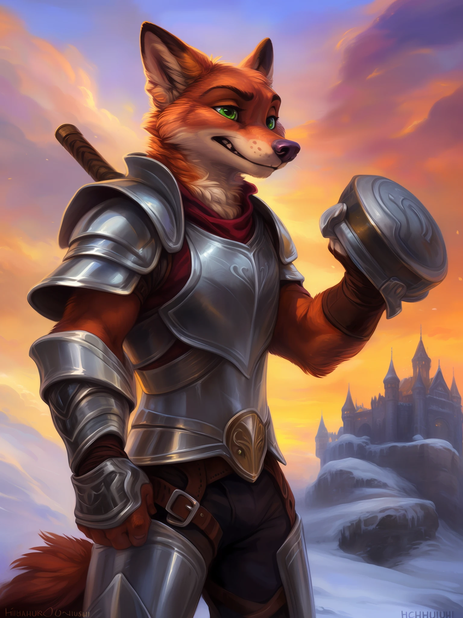 (8k, best quality, masterpiece), (by hioshiru and kenket and dimwitdog, Michael & Zaush, Inessa Garmash, Ruan Jia, Pino Daeni, Chunie), Nick Wilde as a paladin with the hammer, silver armor, proud pose, standing upright, young adult, green eyes, angry expression, looks menacing, dramatic, cinematic lighting, trending on artstation, (muscular:0.7), solo, alone, winter castle on the background